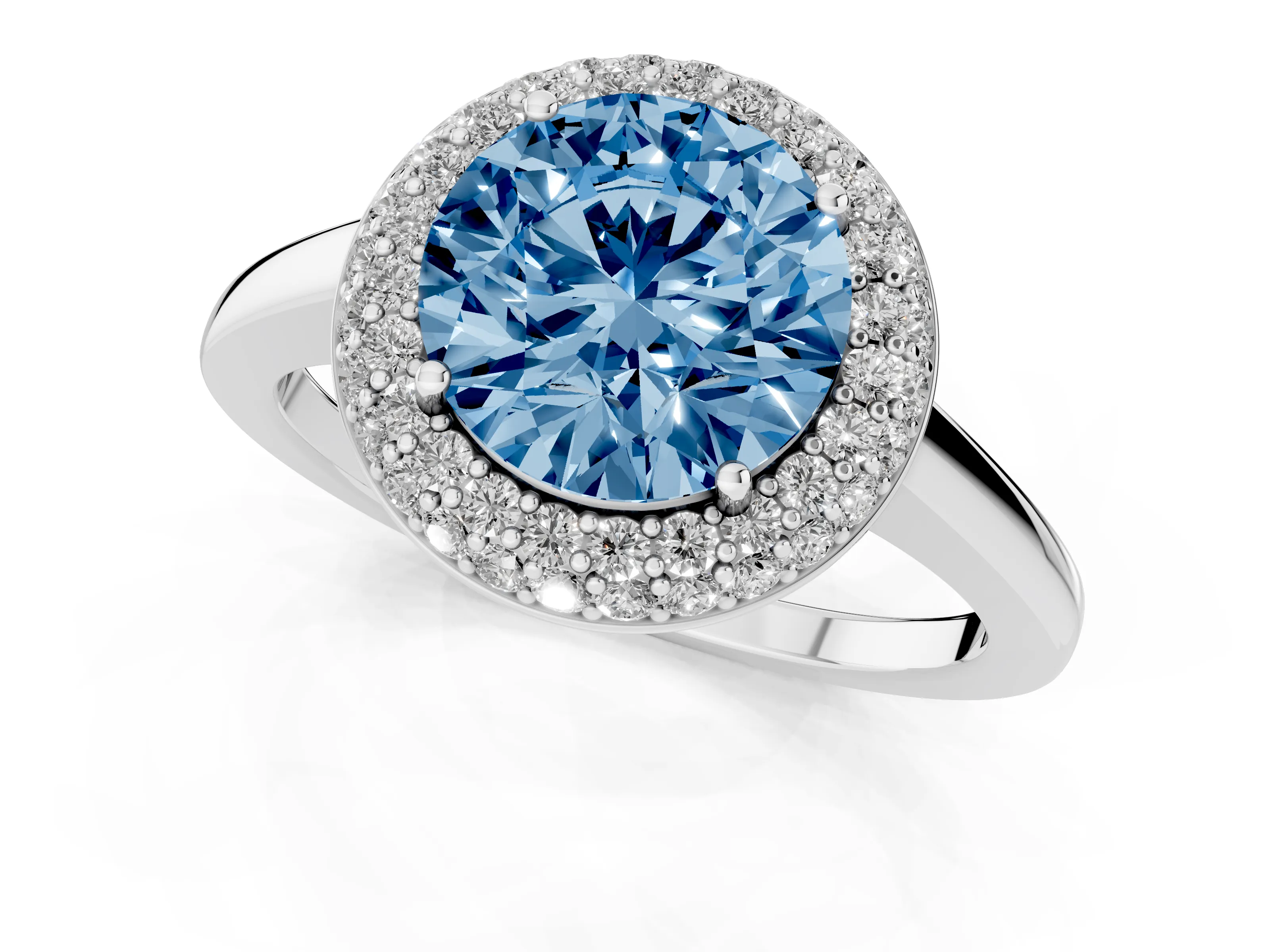 Fancy Blue Round Cut Diamond Halo Engagement Ring Set in Platinum with Solitaire Band and Prong Setting
