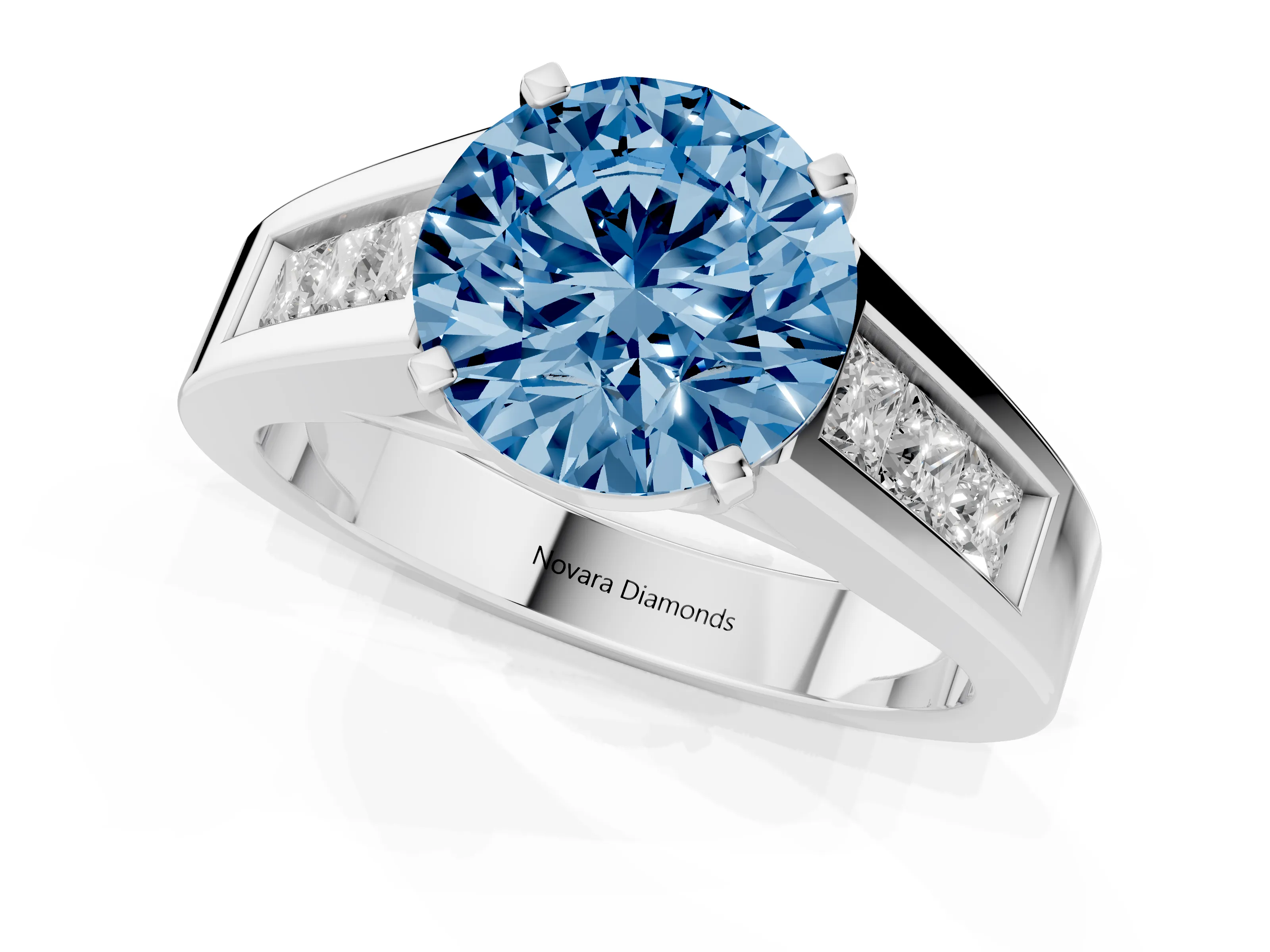 Fancy Blue Round Cut Diamond Solitaire Ring Set in Silver with Channel-Set Accent Stones and Prong Setting