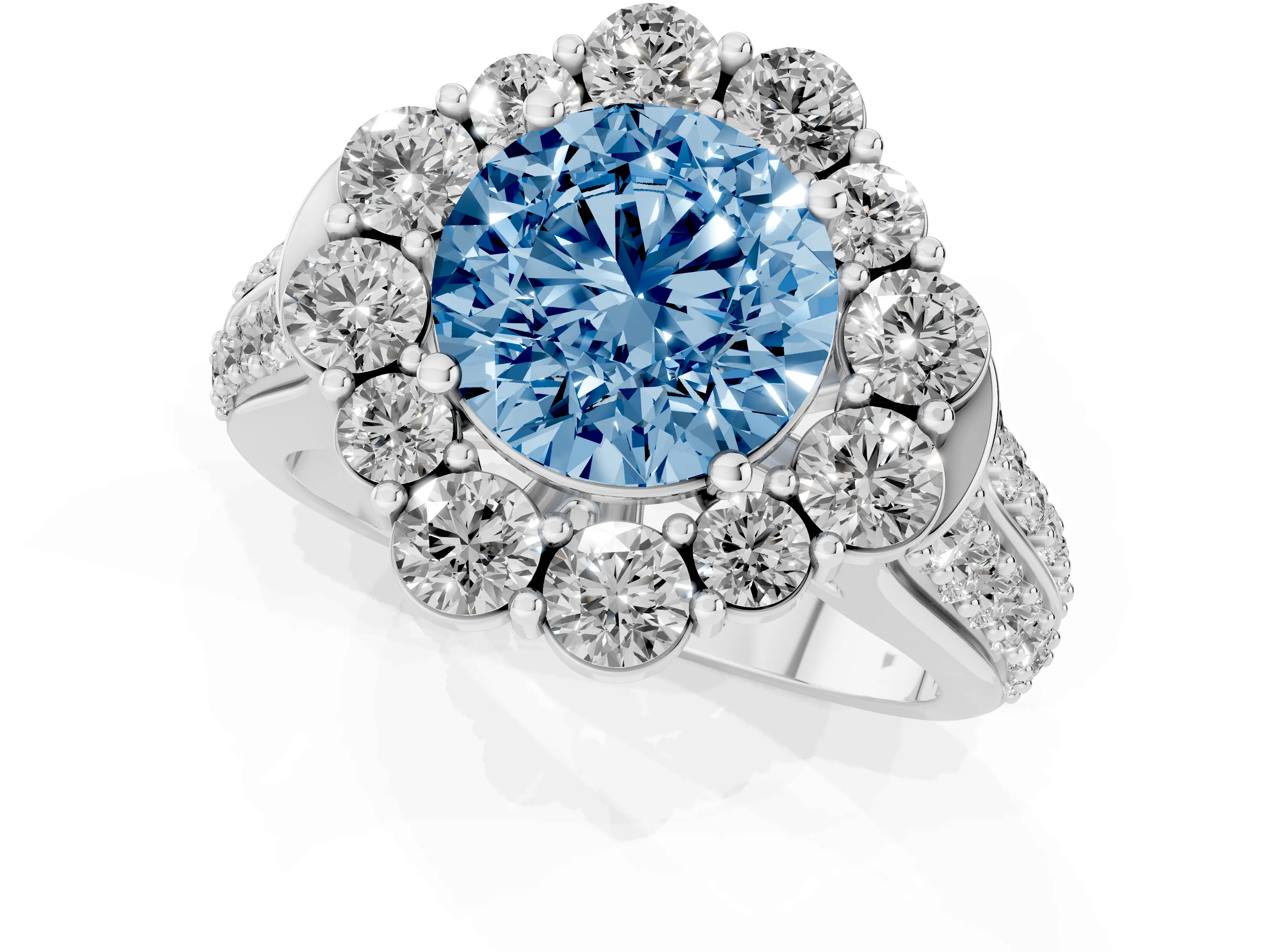 Fancy Blue Round Cut Diamond Halo Engagement Ring Set in Platinum with Split Shank and Prong Setting