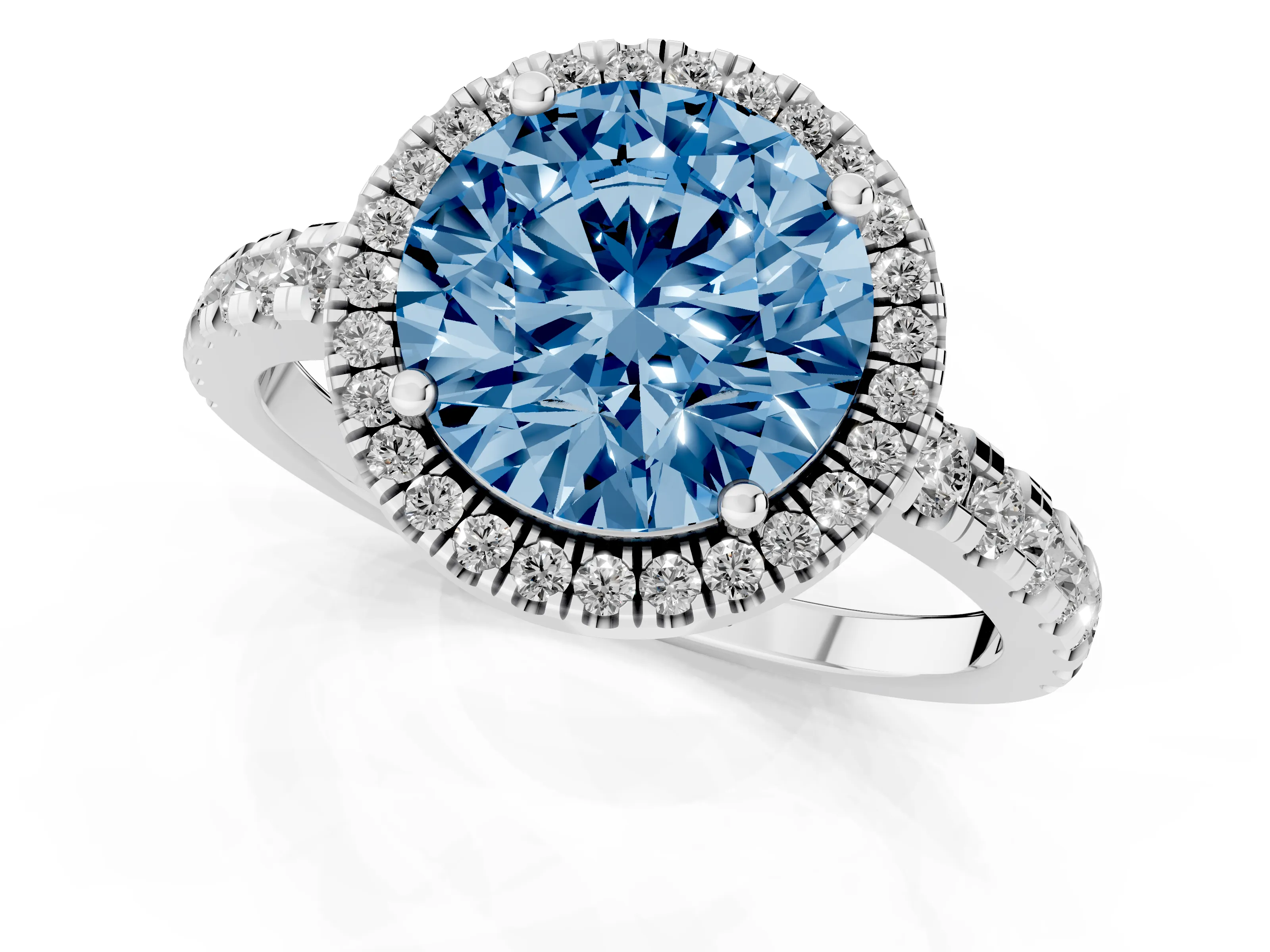Fancy Blue Round Cut Diamond Halo Ring Set in Platinum with Delicate Pavé Band and Prong Setting