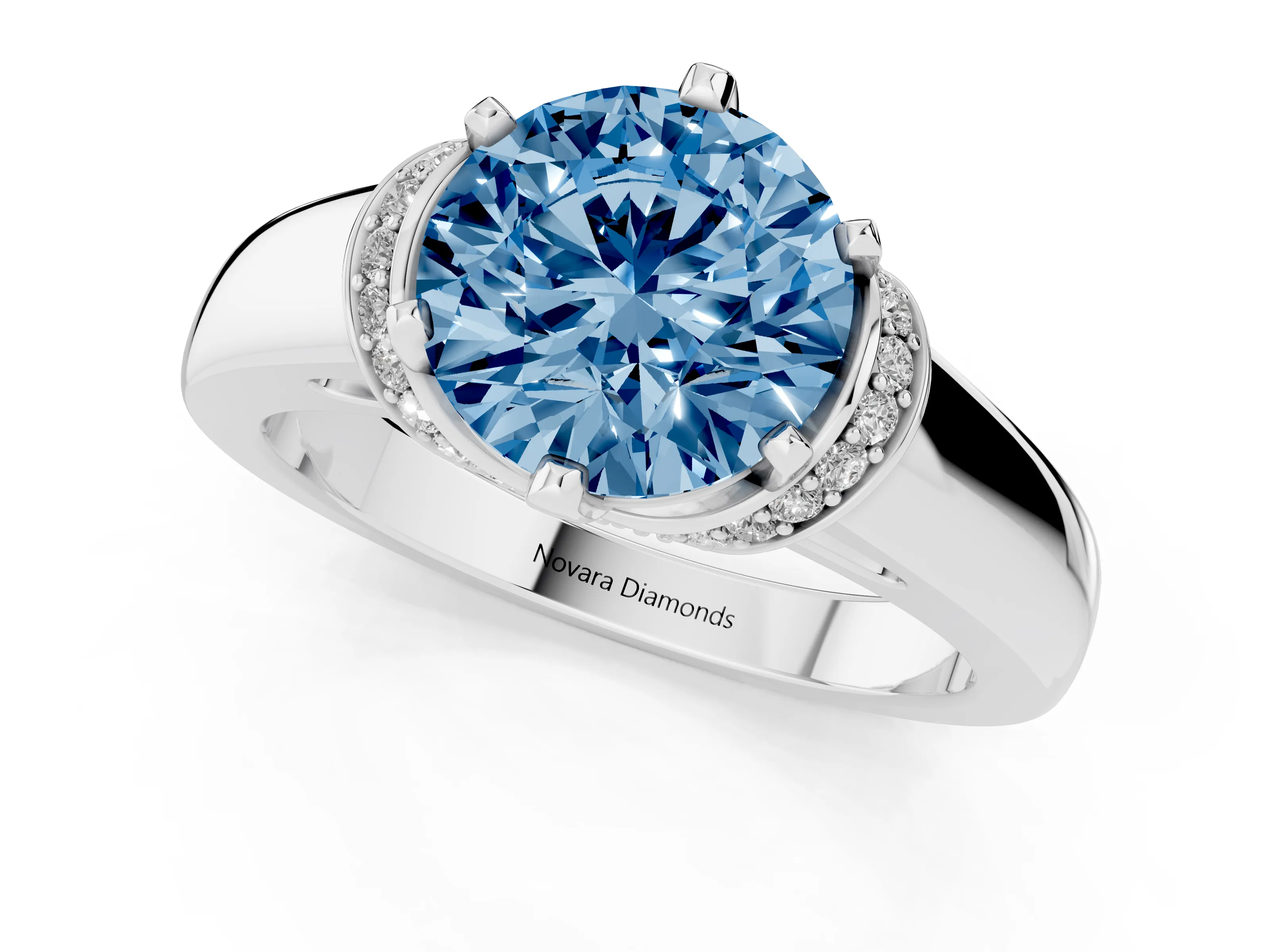 Fancy Blue Round Cut Diamond Pavé Band Solitaire Ring Set in Silver with Prong Setting