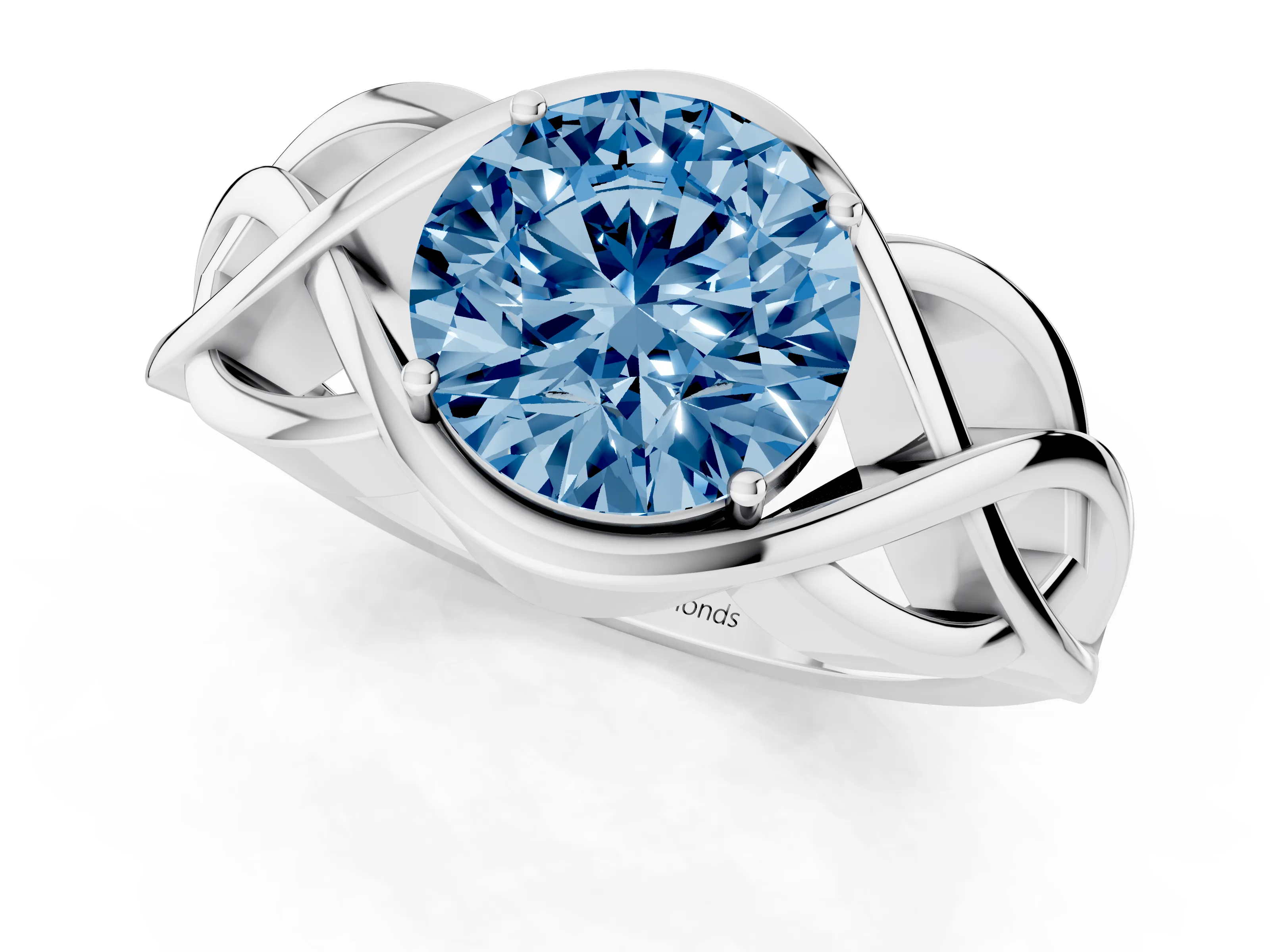 Fancy Blue Round Cut Diamond Solitaire Ring Set in Silver with Intertwined Band