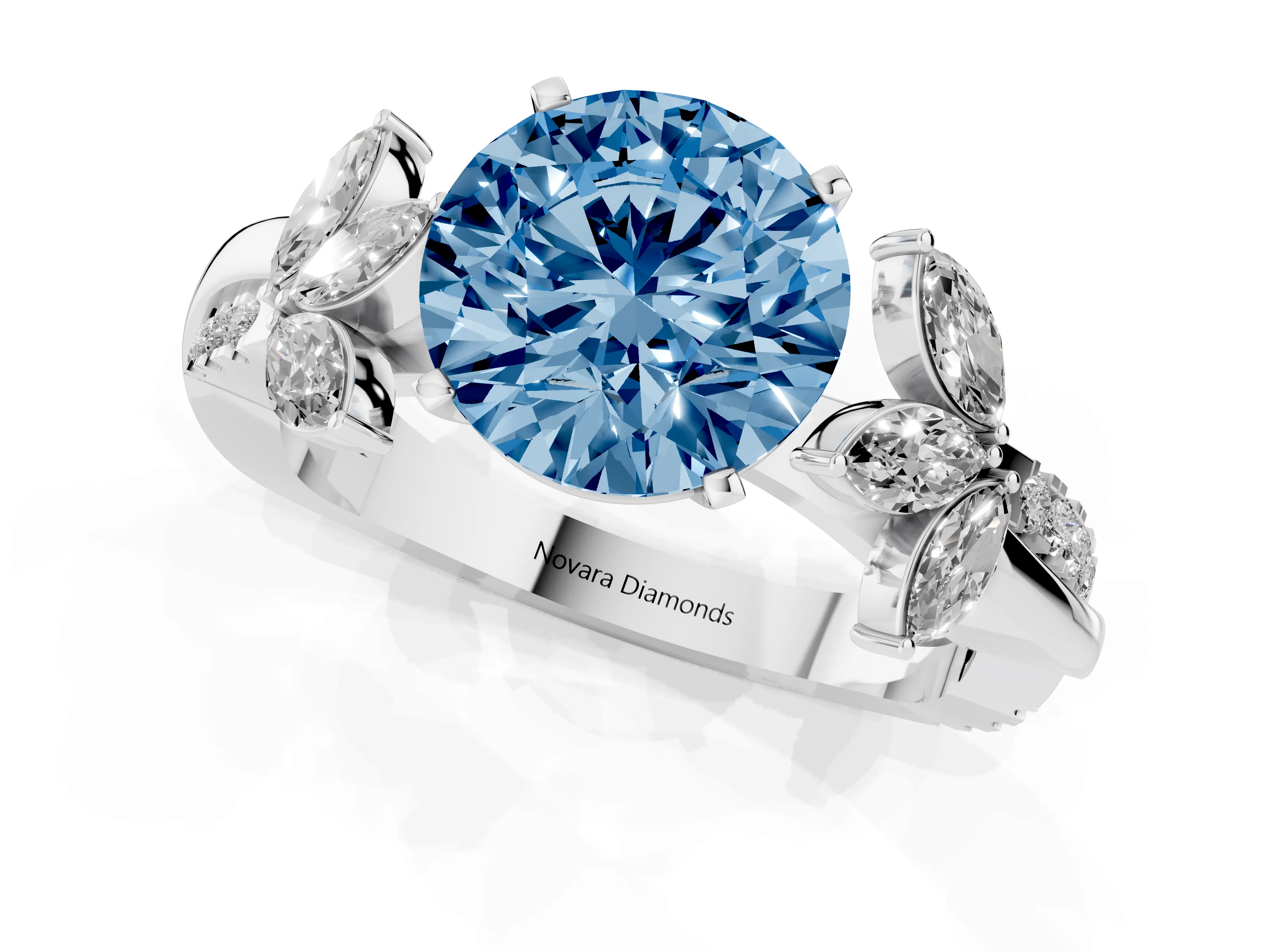 Fancy Blue Round Cut Diamond Floral Vine Solitaire Engagement Ring Set in Silver with Marquise Leaves
