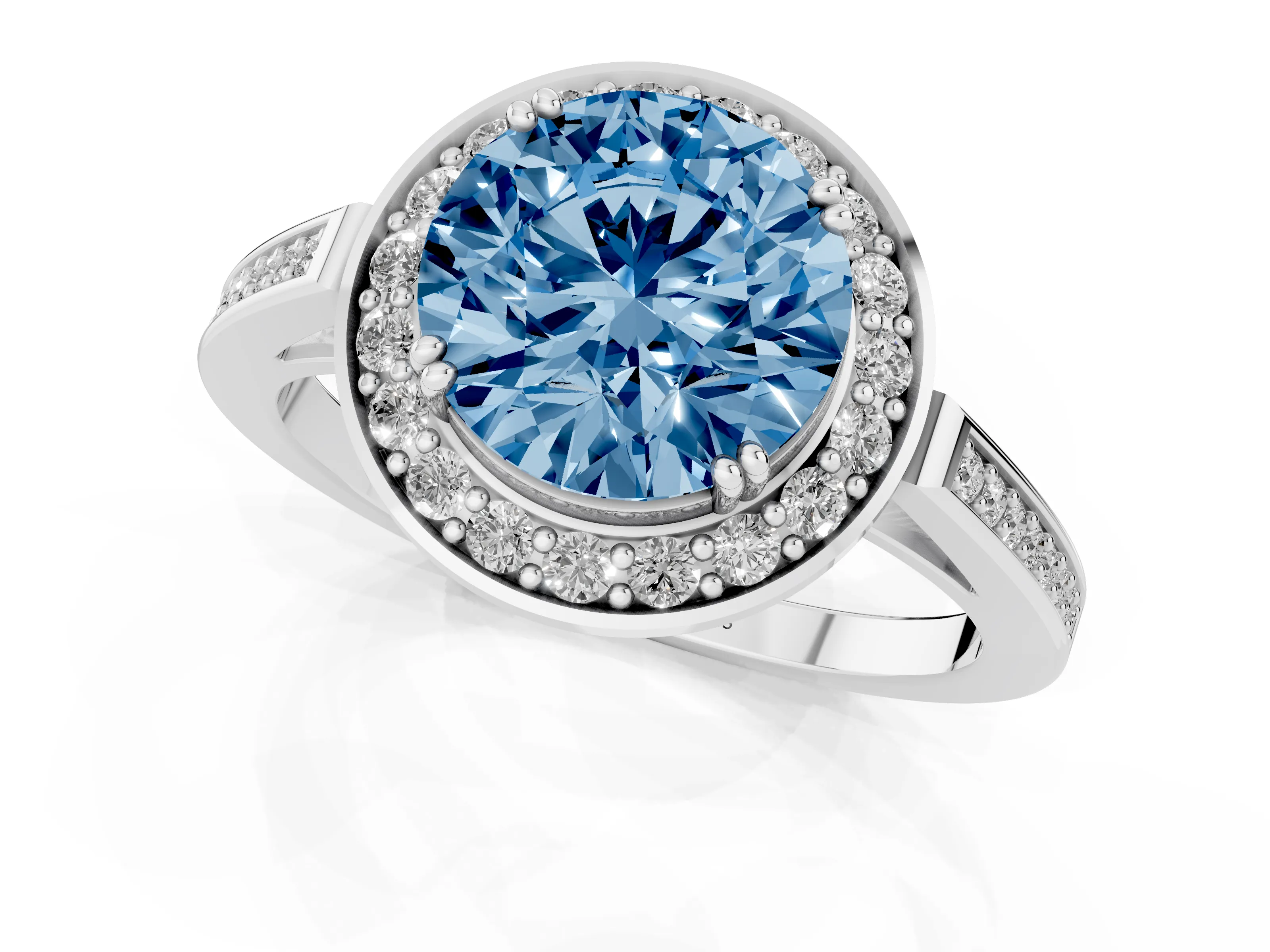 Fancy Blue Round Cut Diamond Halo Ring Set in Silver with Accent-Lined Split Shank and Prong Setting