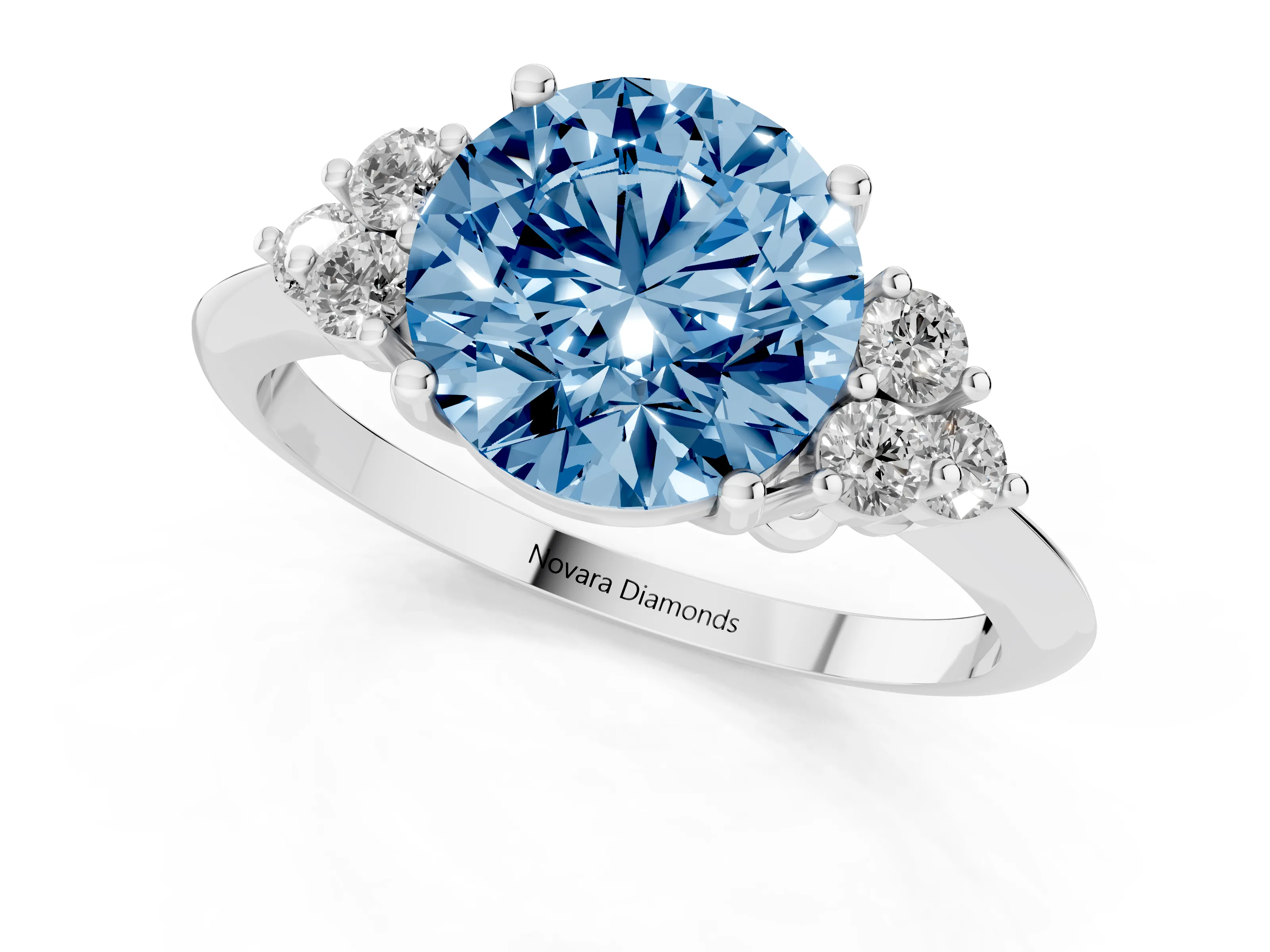 Fancy Blue Round Cut Diamond Cluster Ring Set in Silver with Plain Band and Prong Setting