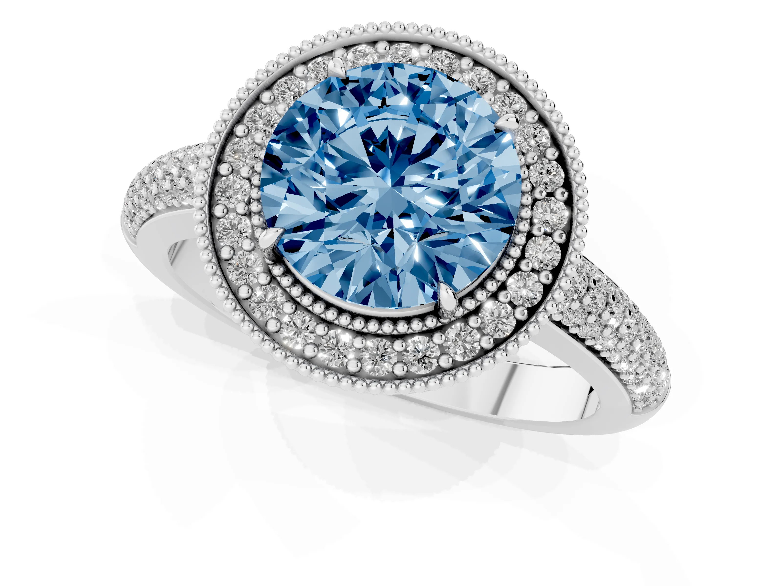 Fancy Blue Round Cut Diamond Halo Pavé Band Set in White gold with Prong Setting