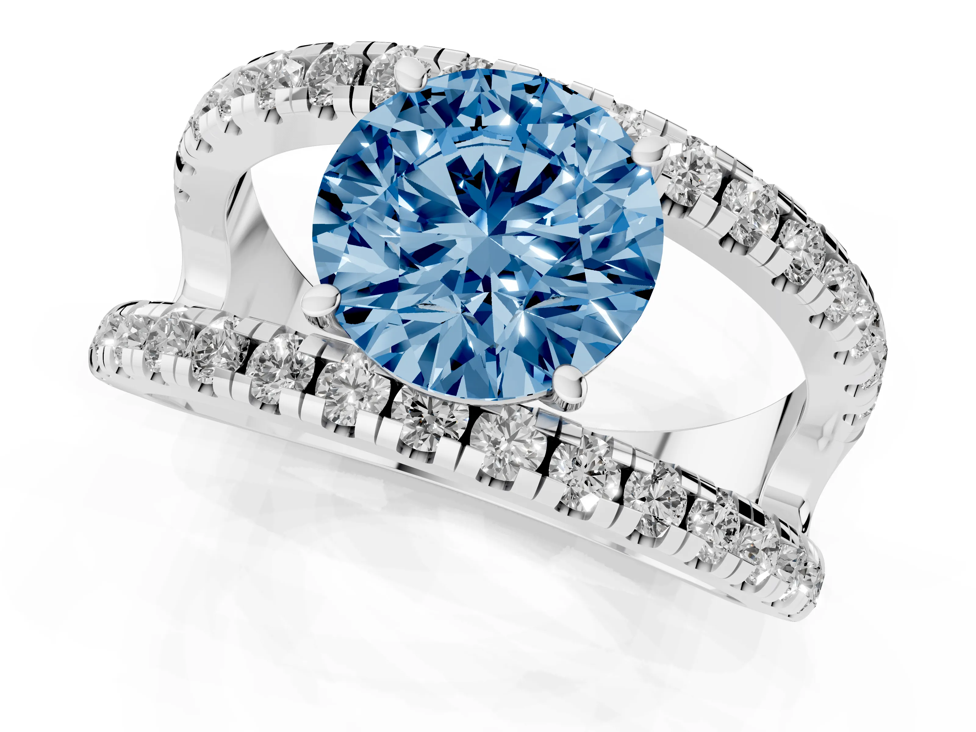 Fancy Blue Round Cut Diamond Split Shank Pavé Solitaire Ring Set in Silver with Open Shank Design