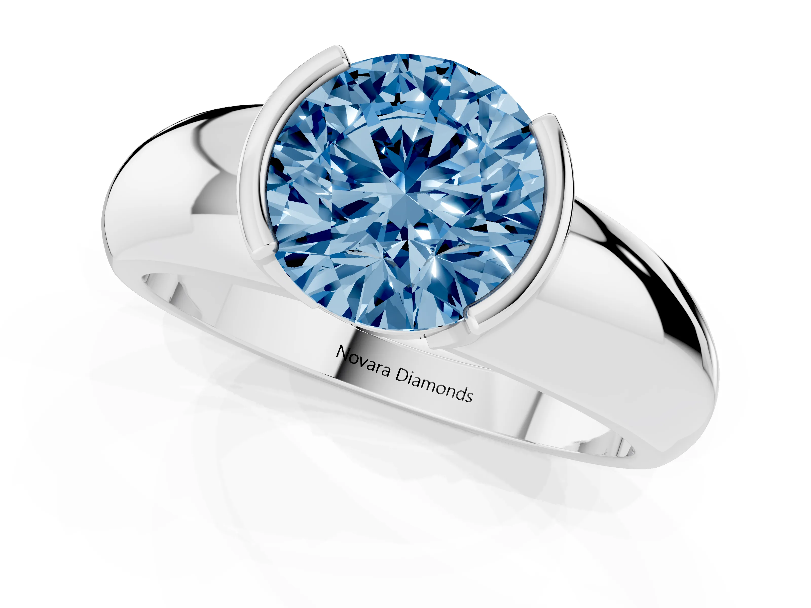 Fancy Blue Round Cut Diamond Solitaire Tension Set Ring Set in Platinum with Wide Band