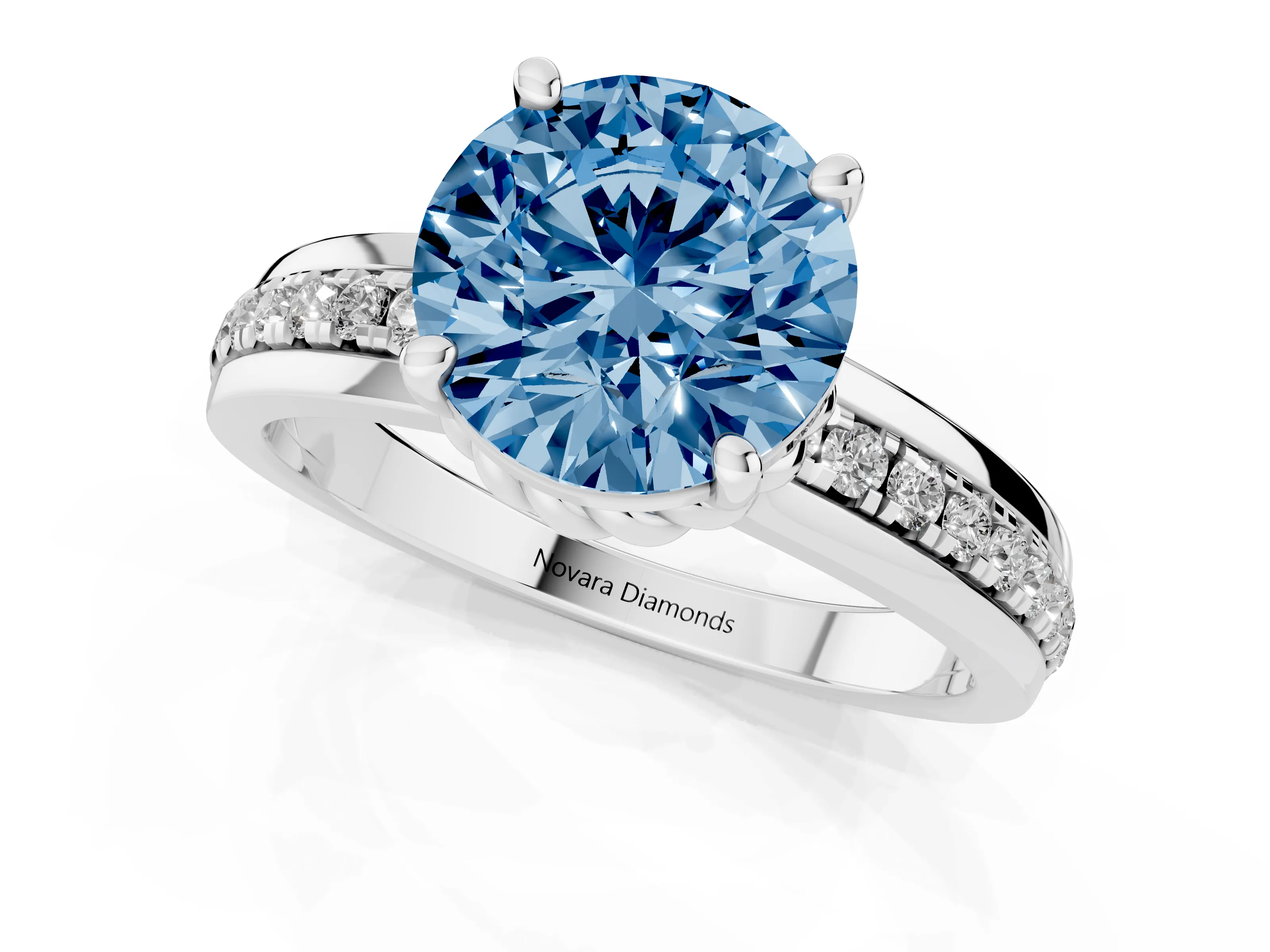 Fancy Blue Round Cut Diamond Solitaire Ring Set in Platinum with Channel Set Band and Prong Setting