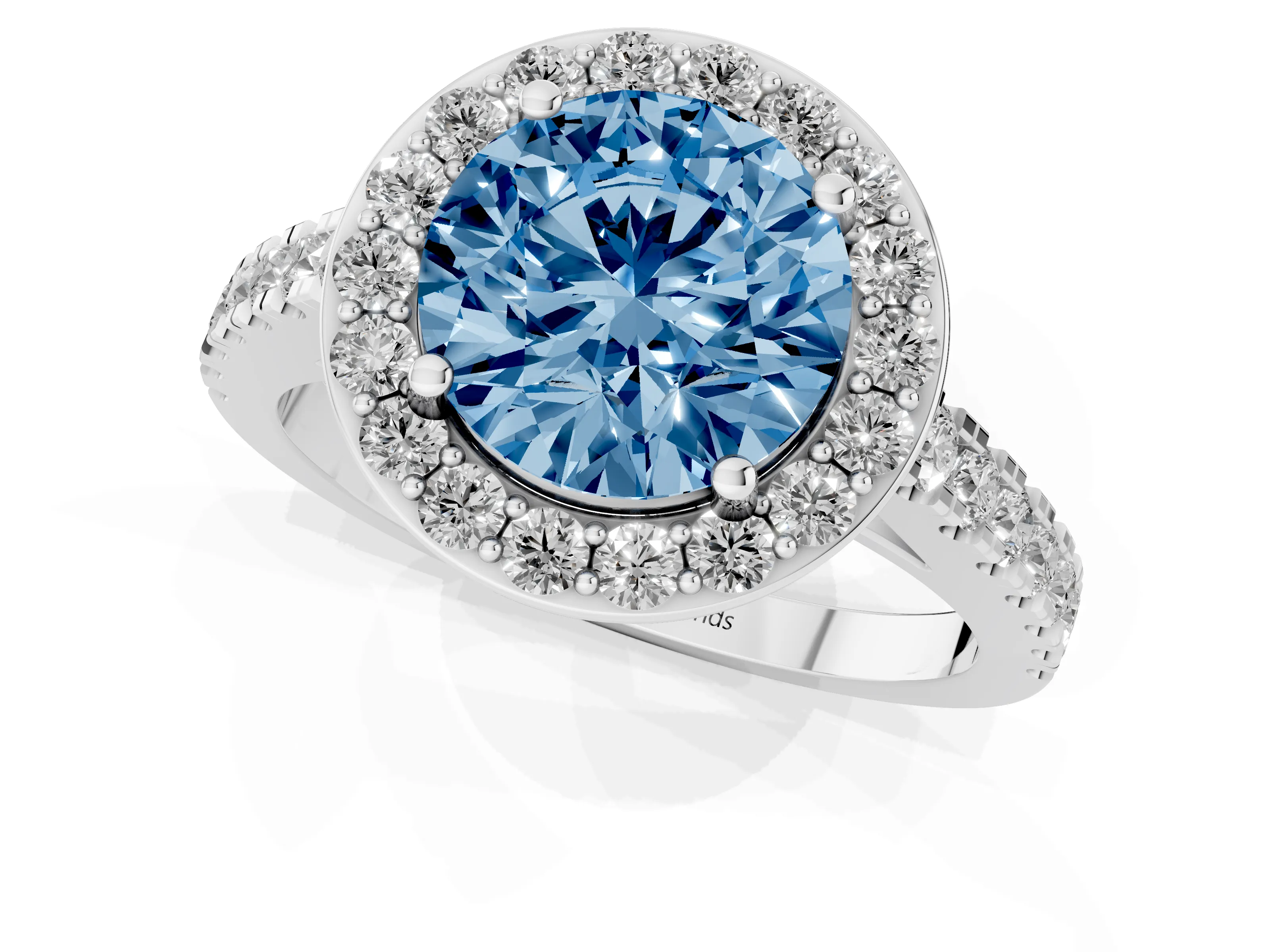 Fancy Blue Round Cut Diamond Halo Ring Set in Platinum with Round Pavé Split Shank and Prong Setting