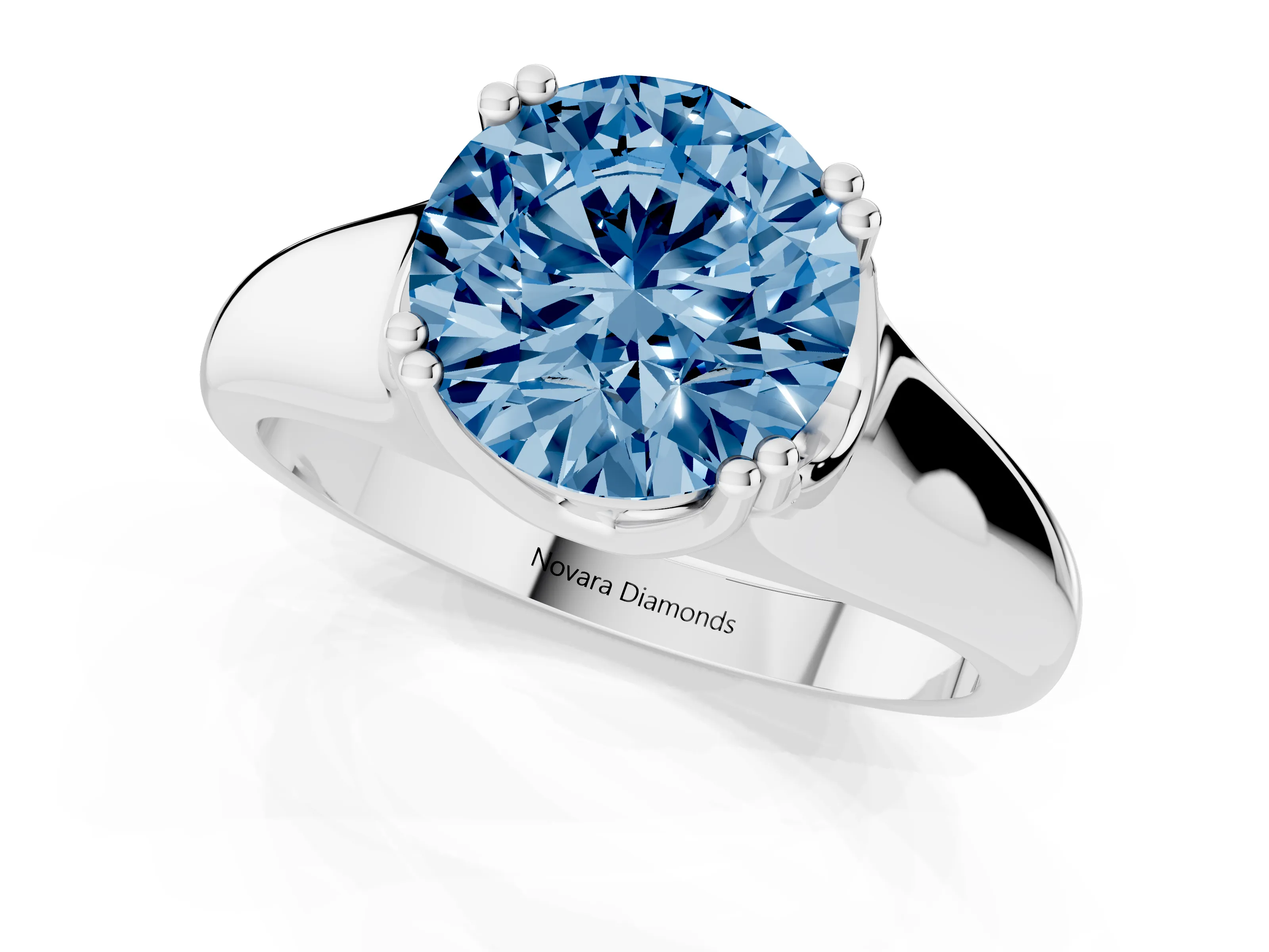 Fancy Blue Round Cut Diamond Solitaire Ring Set in White gold with Wide Band and Prong Setting