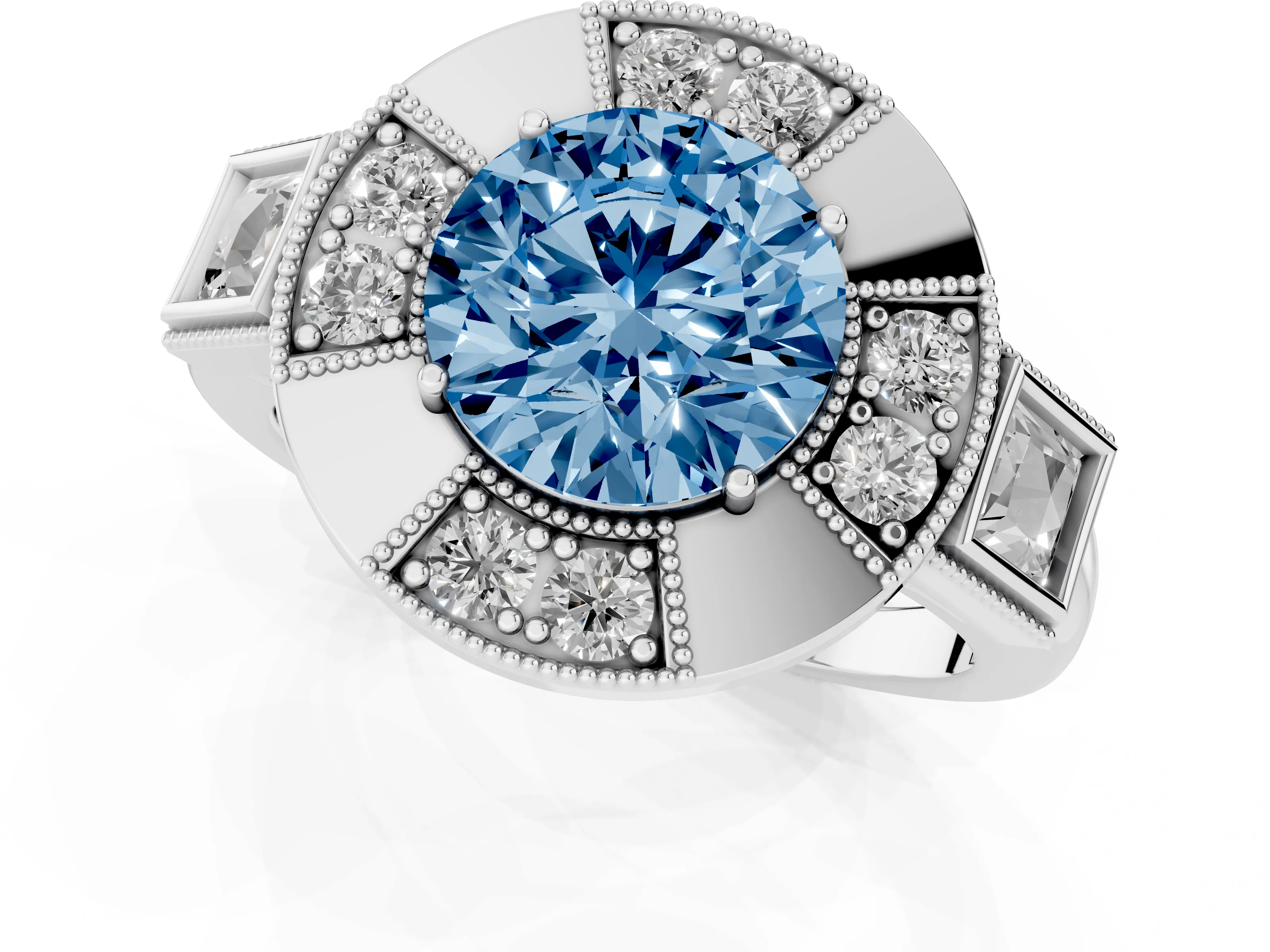 Fancy Blue Round Cut Diamond Milgrain Halo Ring Set in Silver with Split Shank