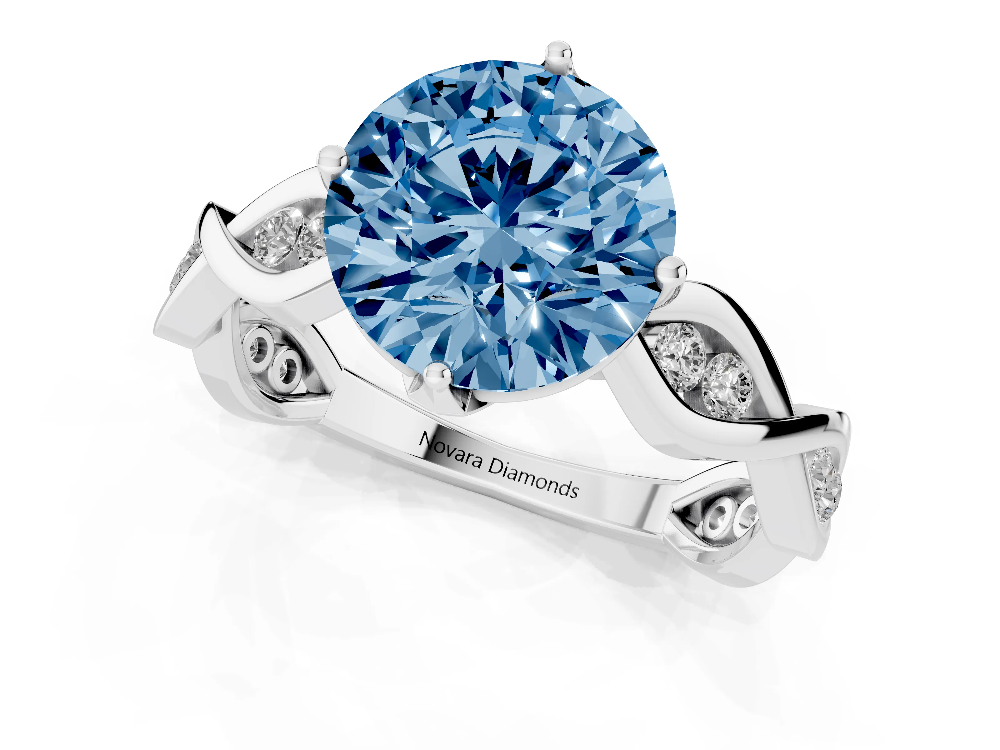 Fancy Blue Round Cut Diamond Twist Band Solitaire Ring Set in White gold with Leaf Prong Setting and Accent Stones