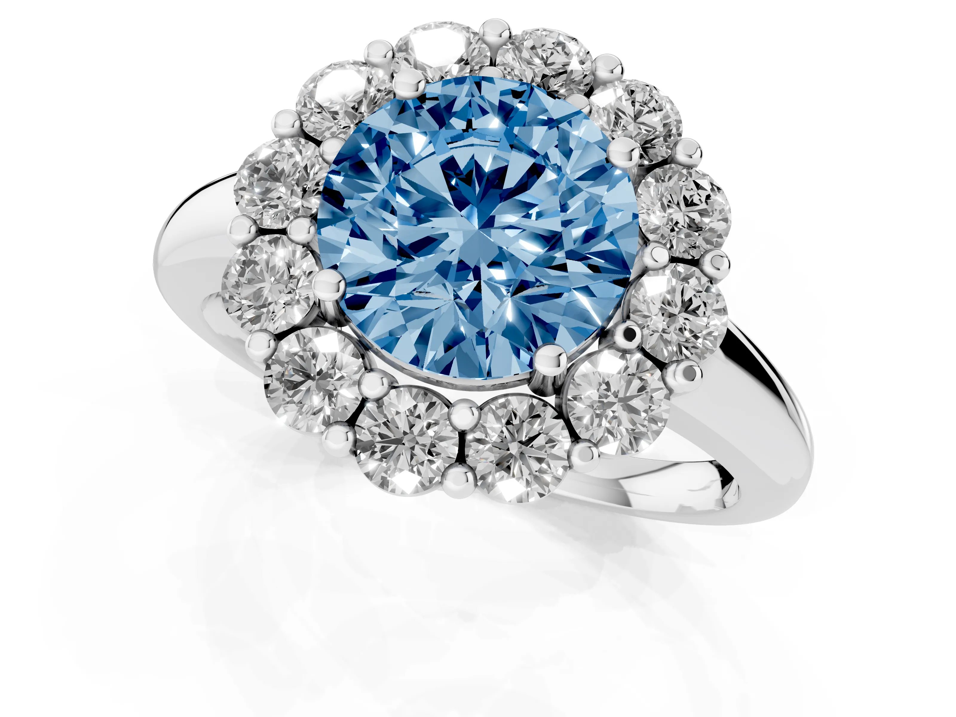 Fancy Blue Round Cut Diamond Halo Cluster Engagement Ring Set in Silver with Polished Band and Prong Setting