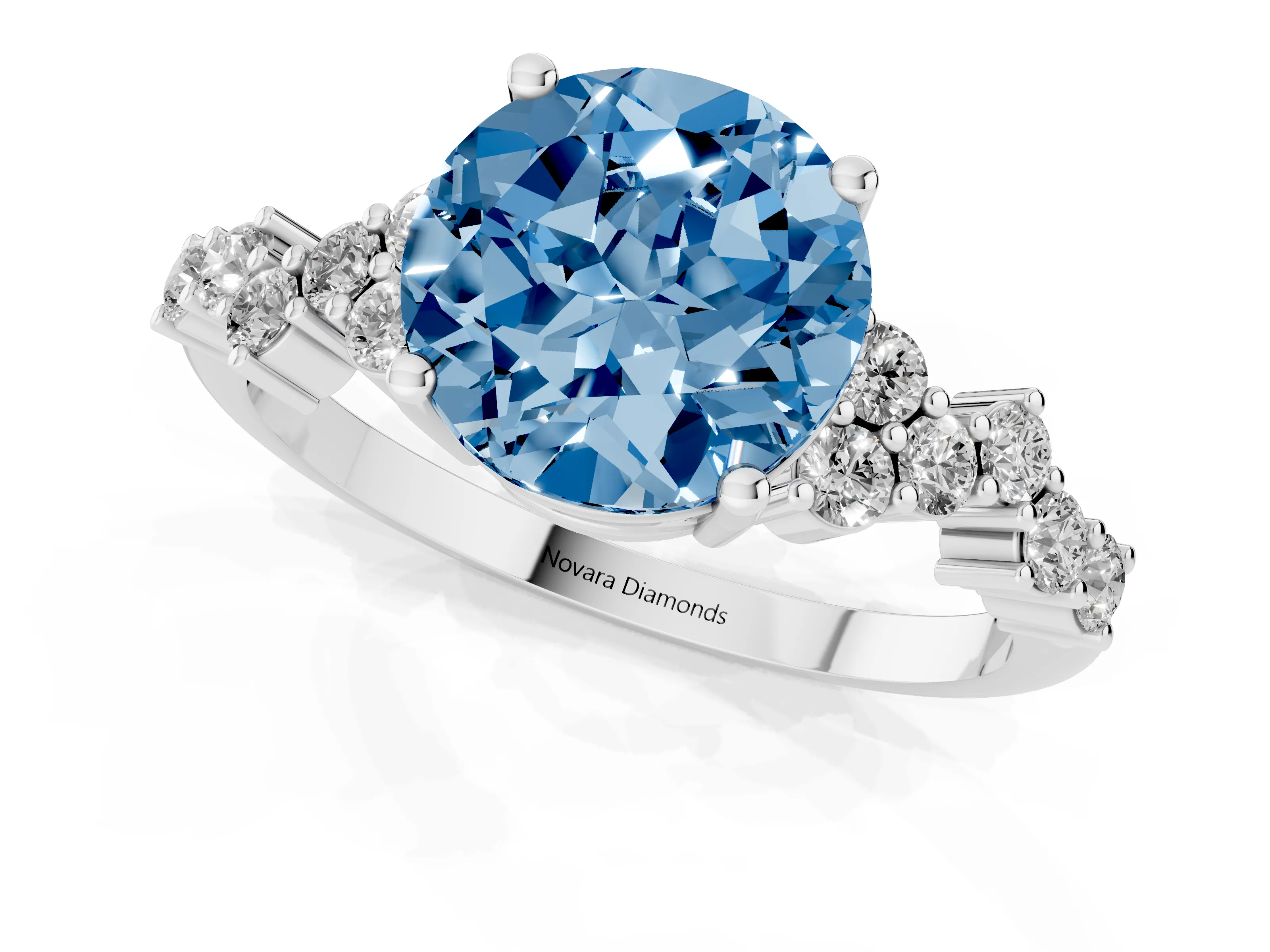 Fancy Blue Round Cut Diamond Ring Set in White gold with Scattered Round Accents