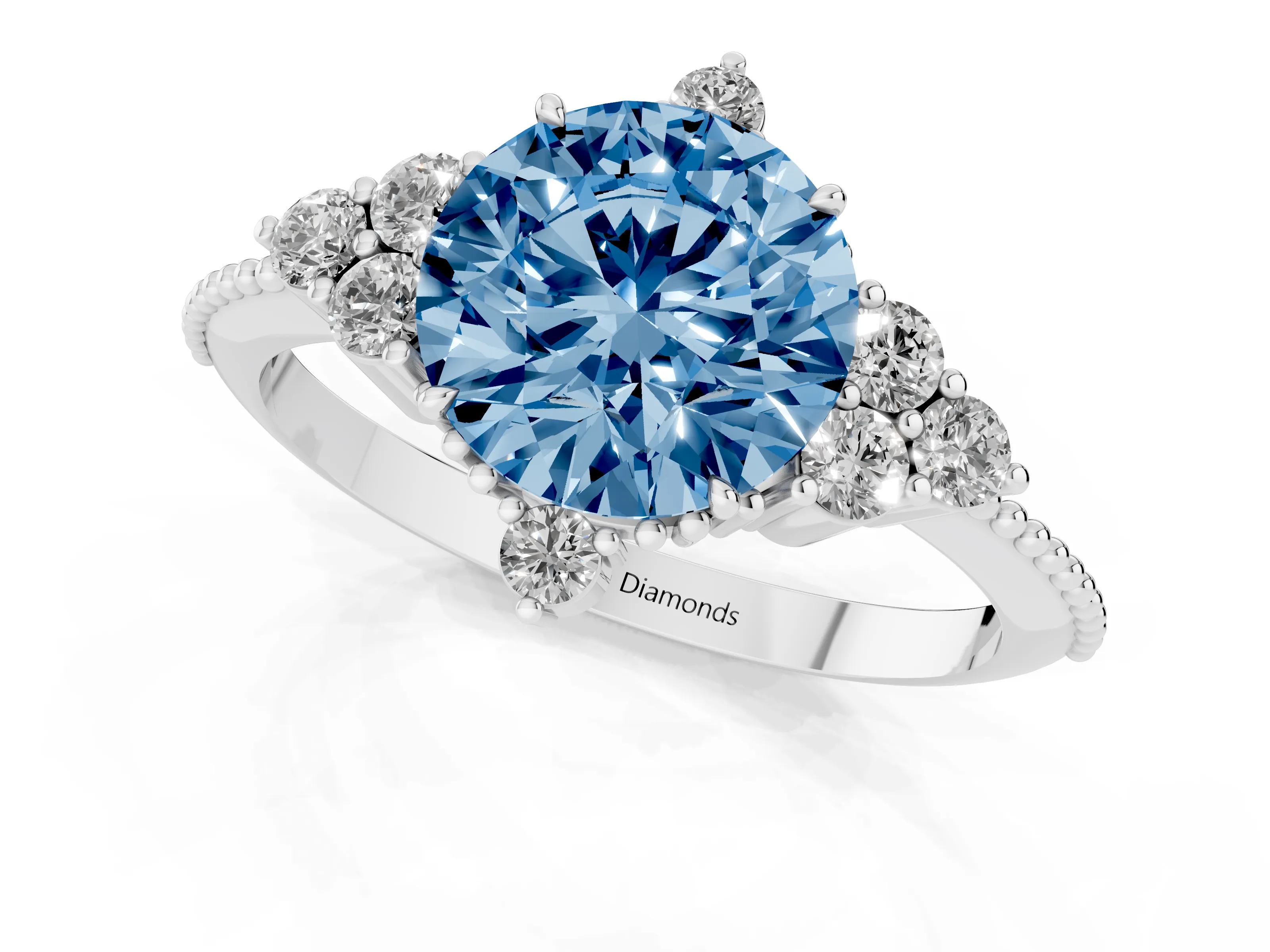 Fancy Blue Round Cut Diamond Cluster Ring Set in Silver with Beaded Band