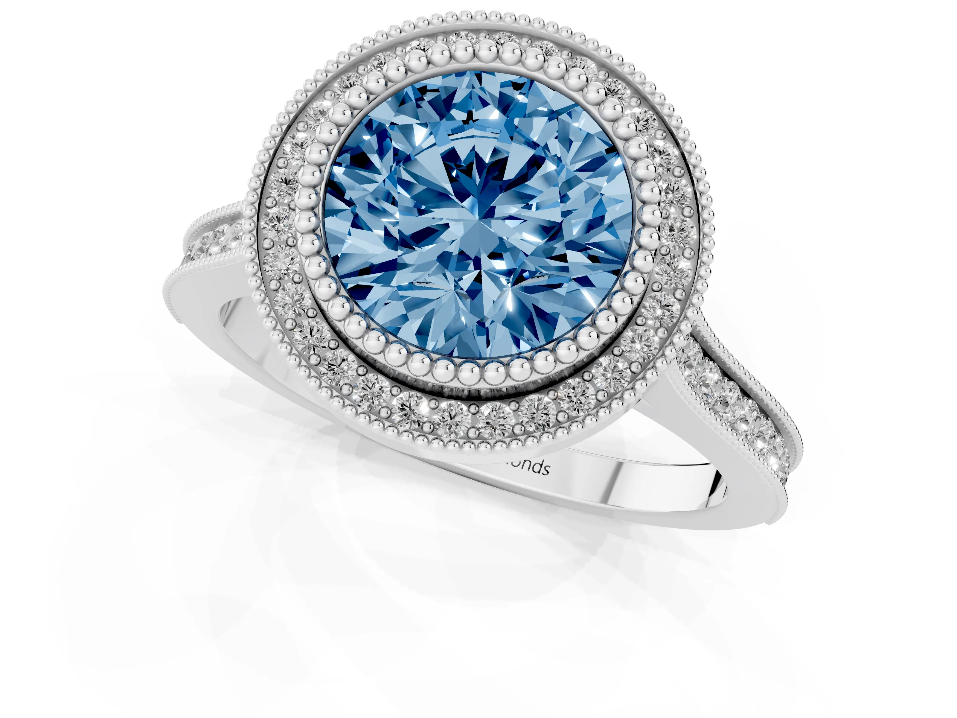 Fancy Blue Round Cut Diamond Halo Ring Set in Silver with Milgrain Frame and Pavé Band