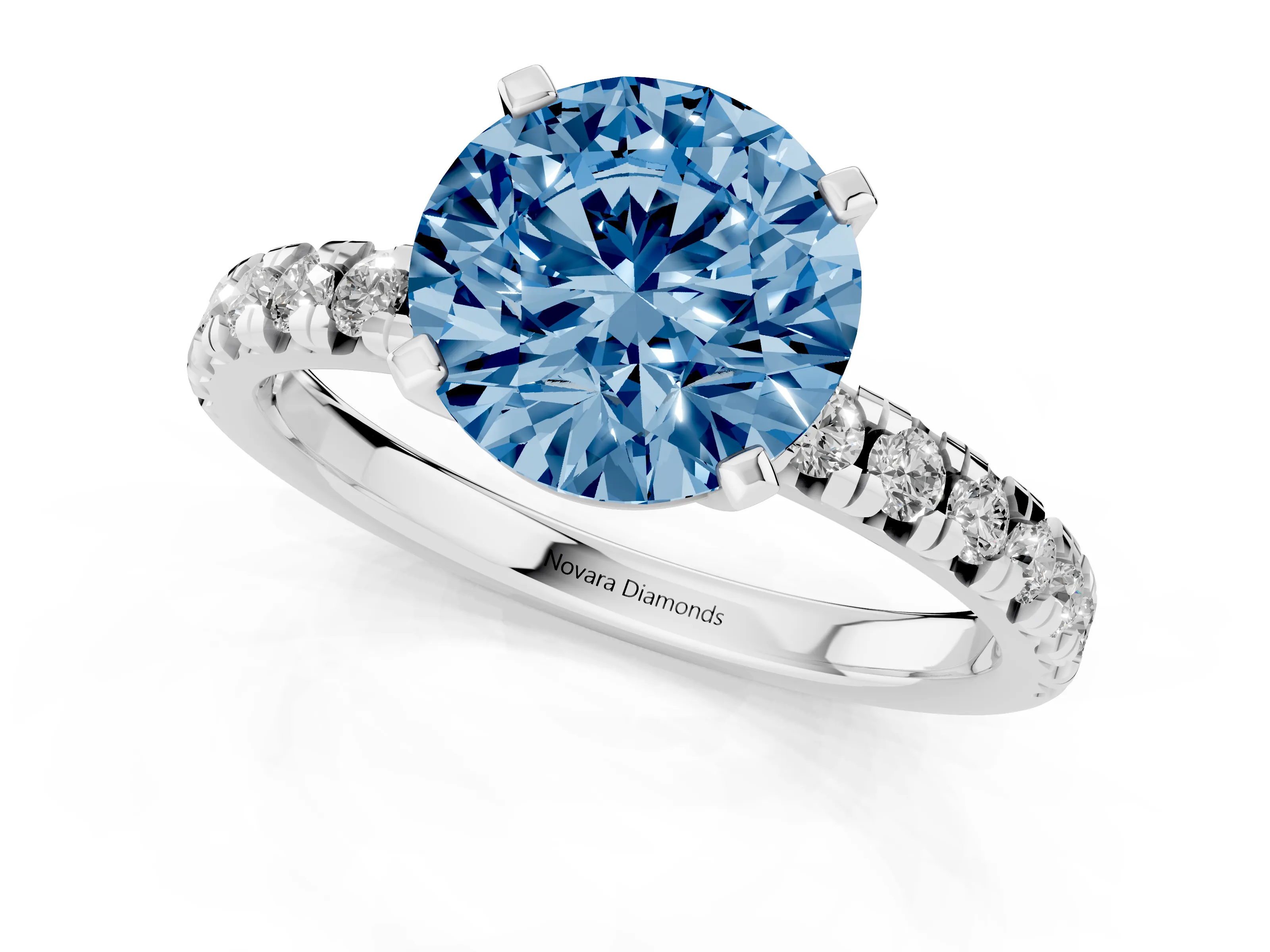 Fancy Blue Round Cut Diamond Solitaire Pavé Engagement Ring Set in White gold with Round Band and Prong Setting – second view