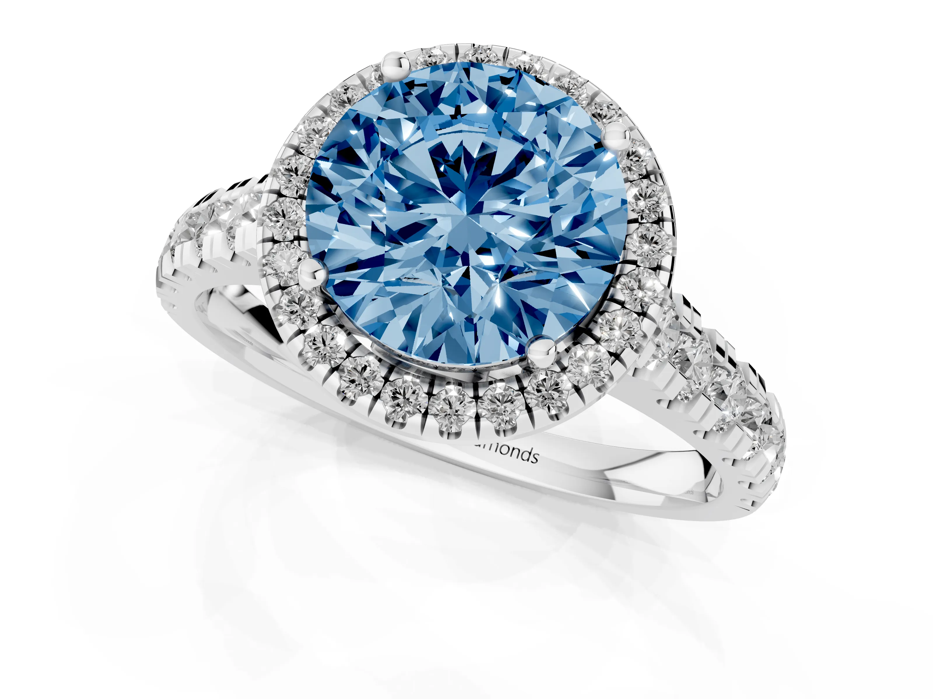 Fancy Blue Round Cut Diamond Halo Engagement Ring Set in Platinum with Pavé Band and Prong-Set Center