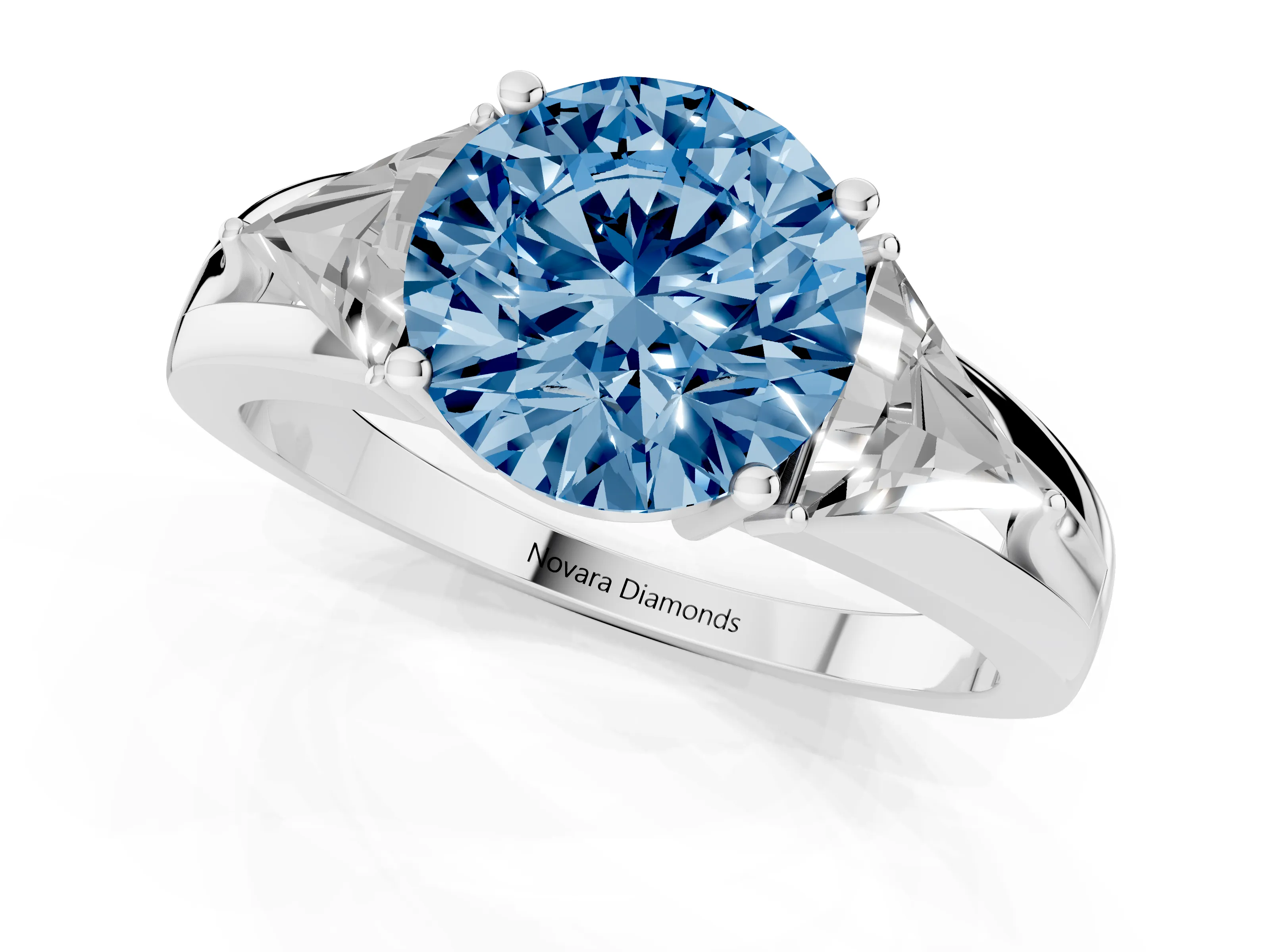 Fancy Blue Round Cut Diamond Three-Stone Ring Set in Silver with Trillion Side Stones and Split Shank