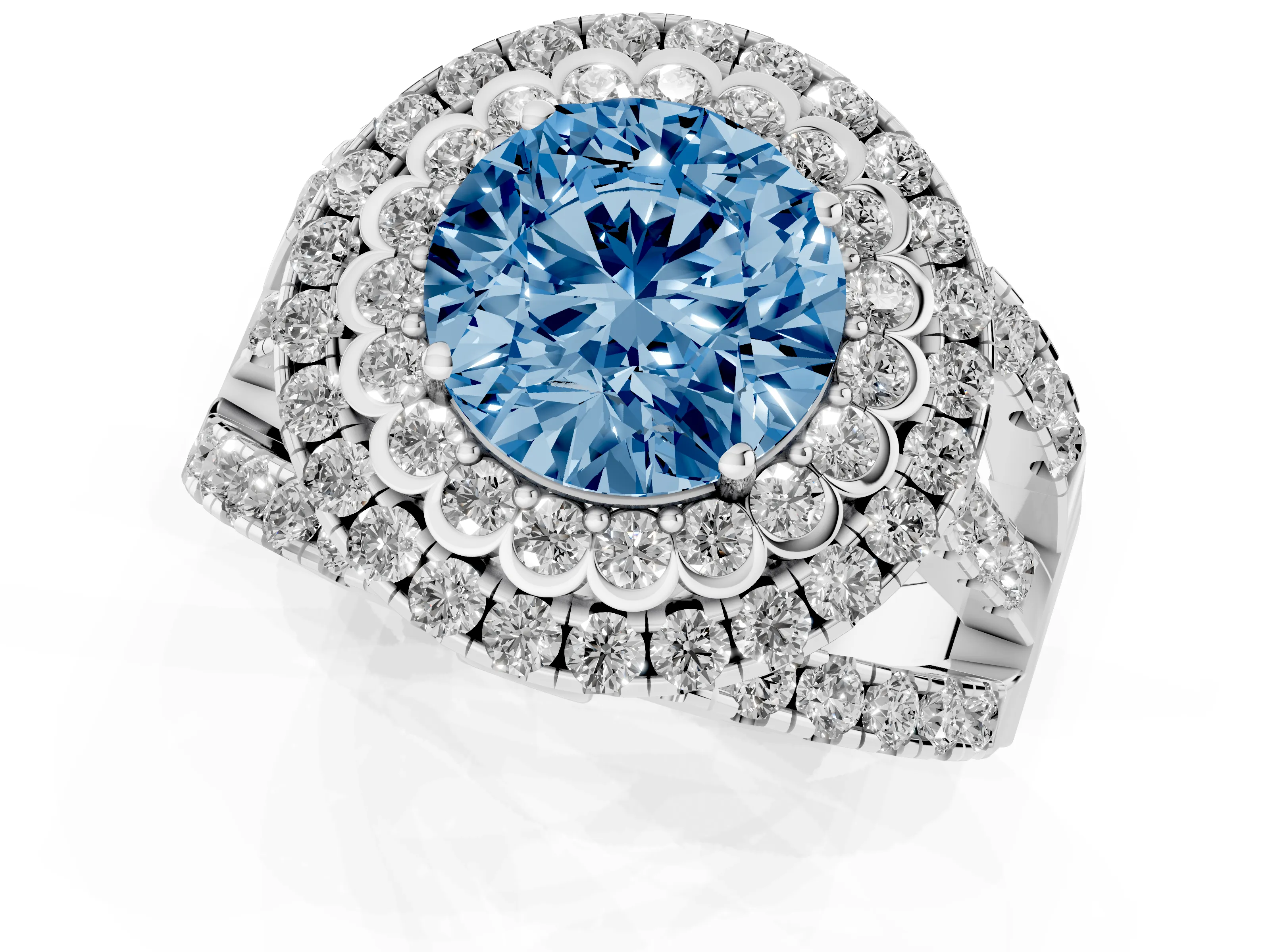 Fancy Blue Round Cut Diamond Double Halo Ring Set in White gold with Round Pavé Split Shank