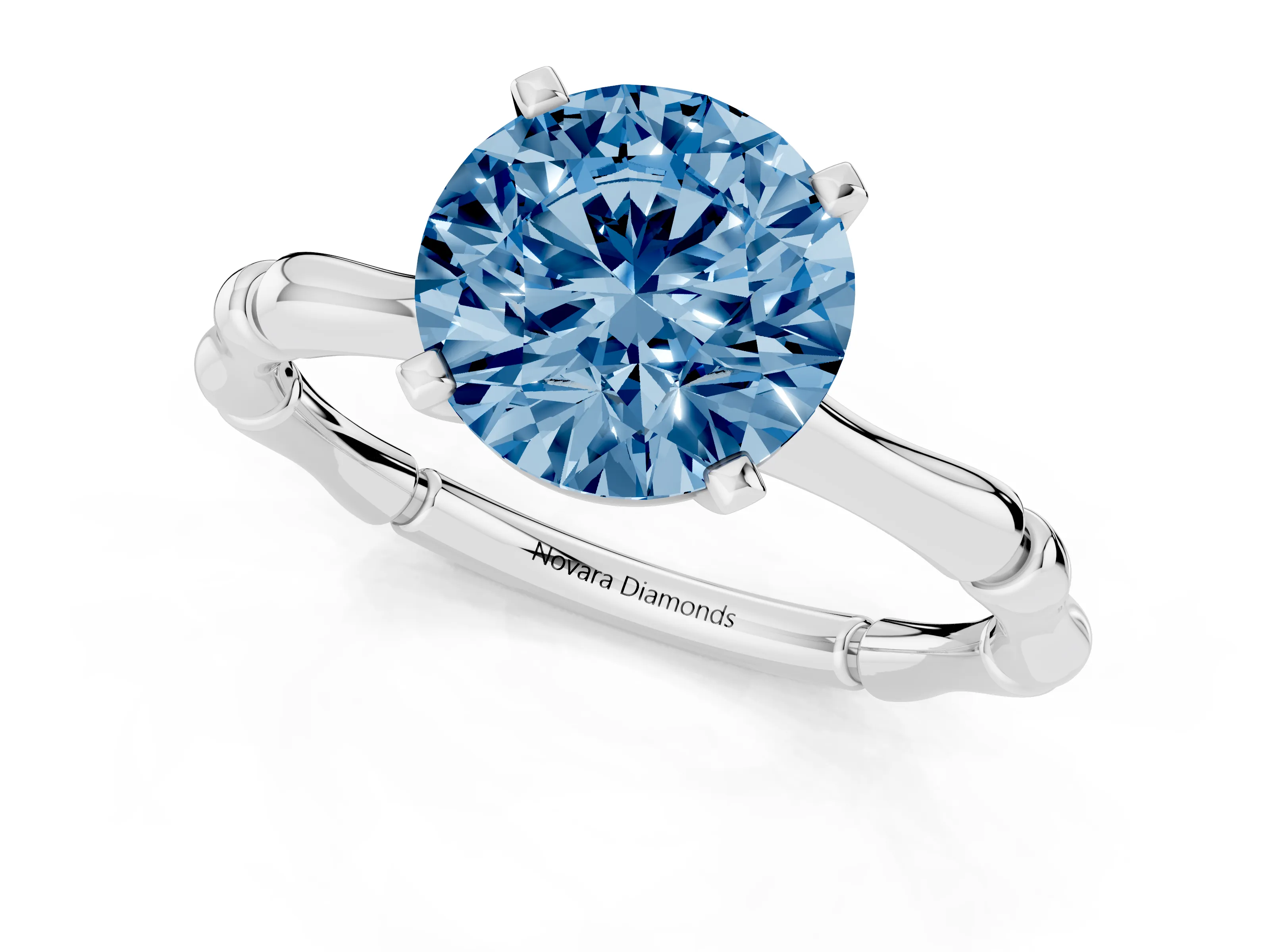 Fancy Blue Round Cut Diamond Solitaire Ring Set in Silver with Bamboo Band and Prong Setting