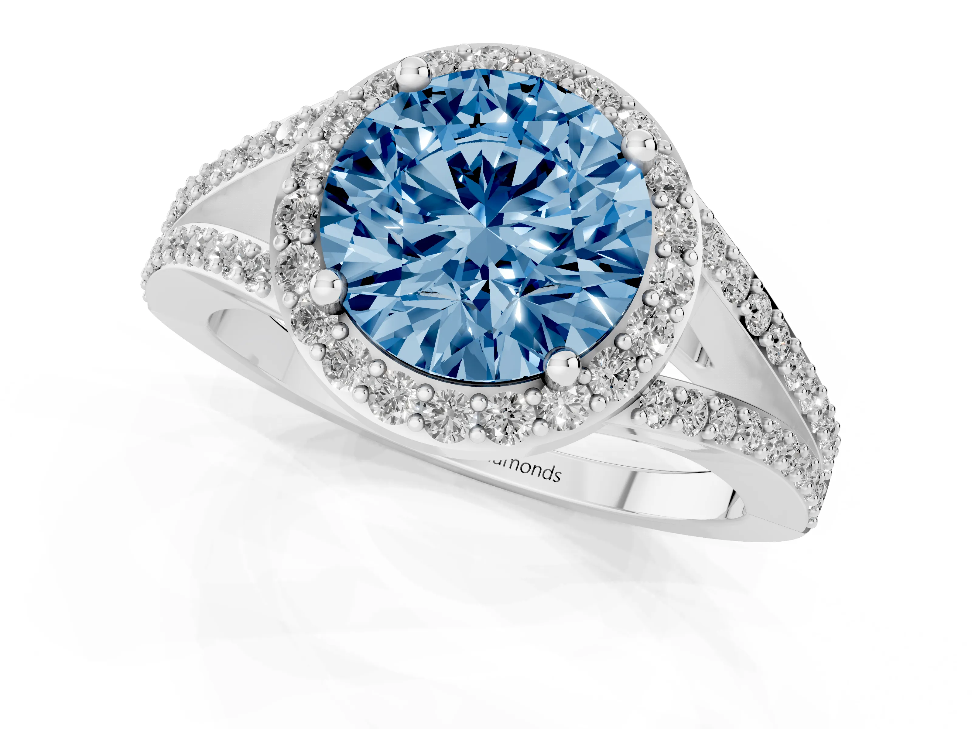 Fancy Blue Round Cut Diamond Halo Split Shank Pavé Ring Set in White gold with Prong Setting