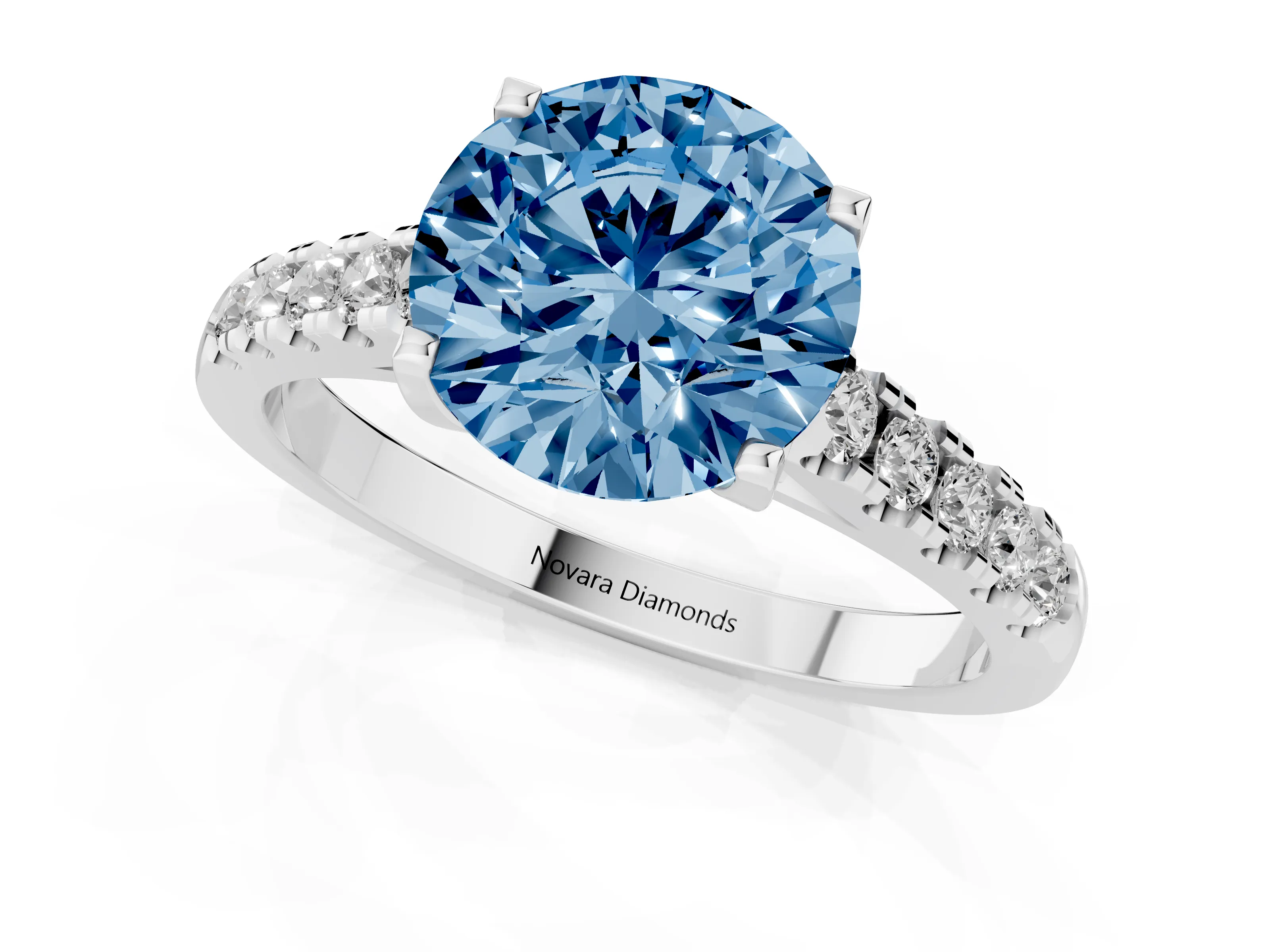 Fancy Blue Round Cut Diamond Pavé Band Solitaire Ring Set in White gold with Partway Accent Stones and Prong Setting
