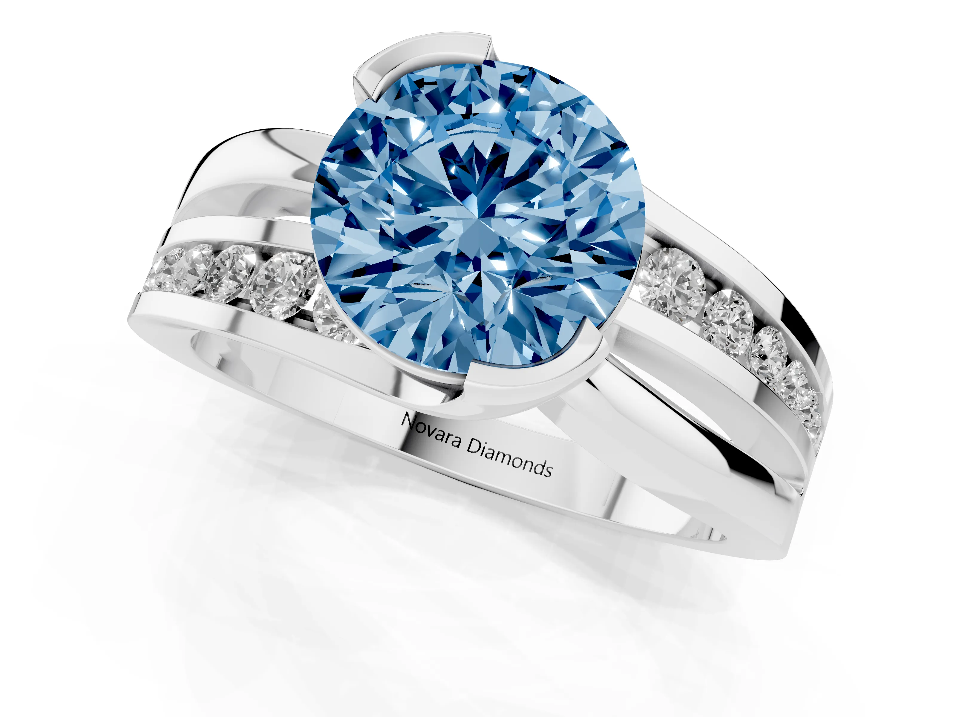 Fancy Blue Round Cut Diamond Solitaire Ring Set in Silver with Channel Set Split Shank and Tension Prongs