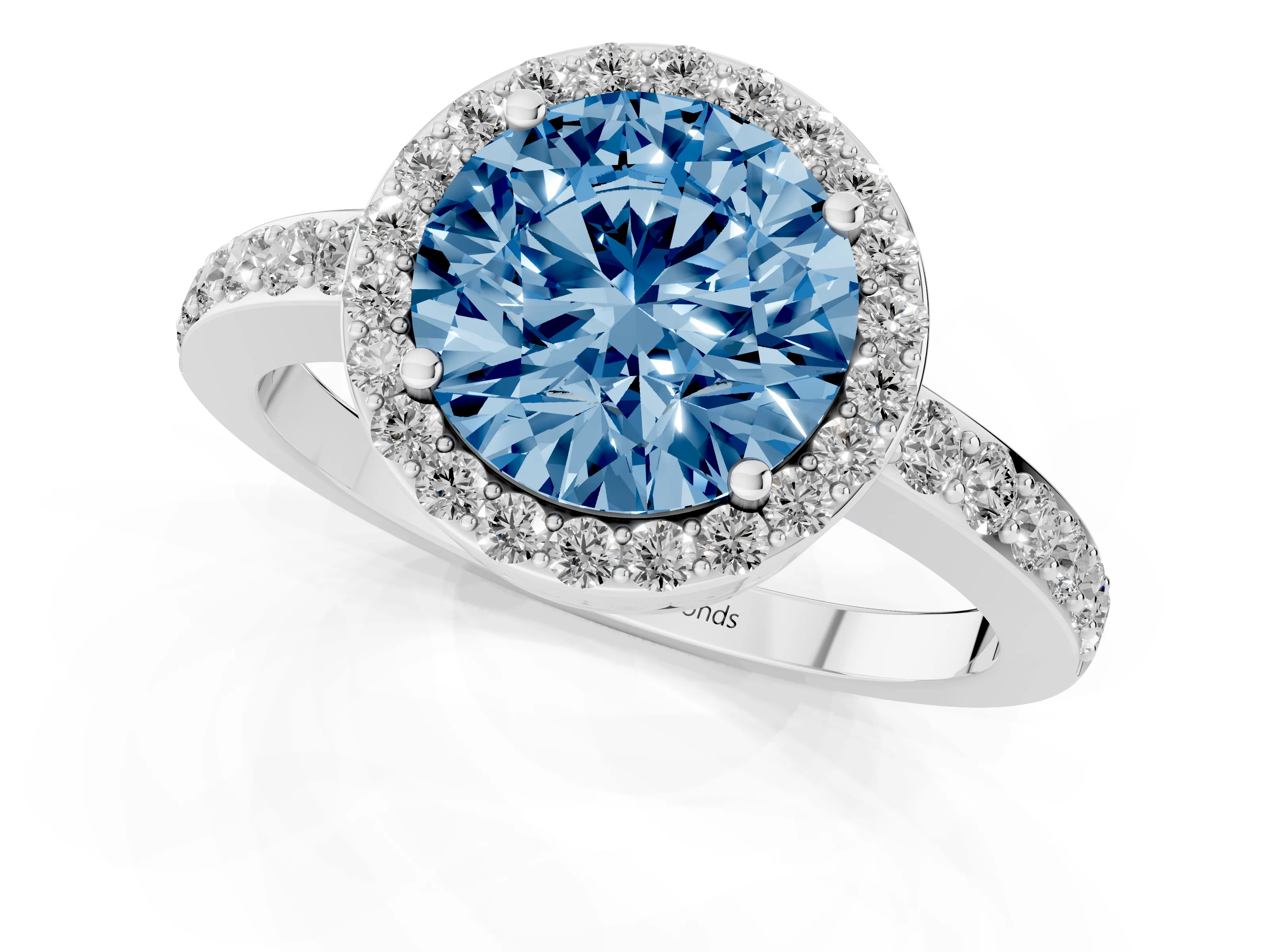 Fancy Blue Round Cut Diamond Halo Ring Set in Platinum with Pavé-Setting Band and Open Prong Center – second view