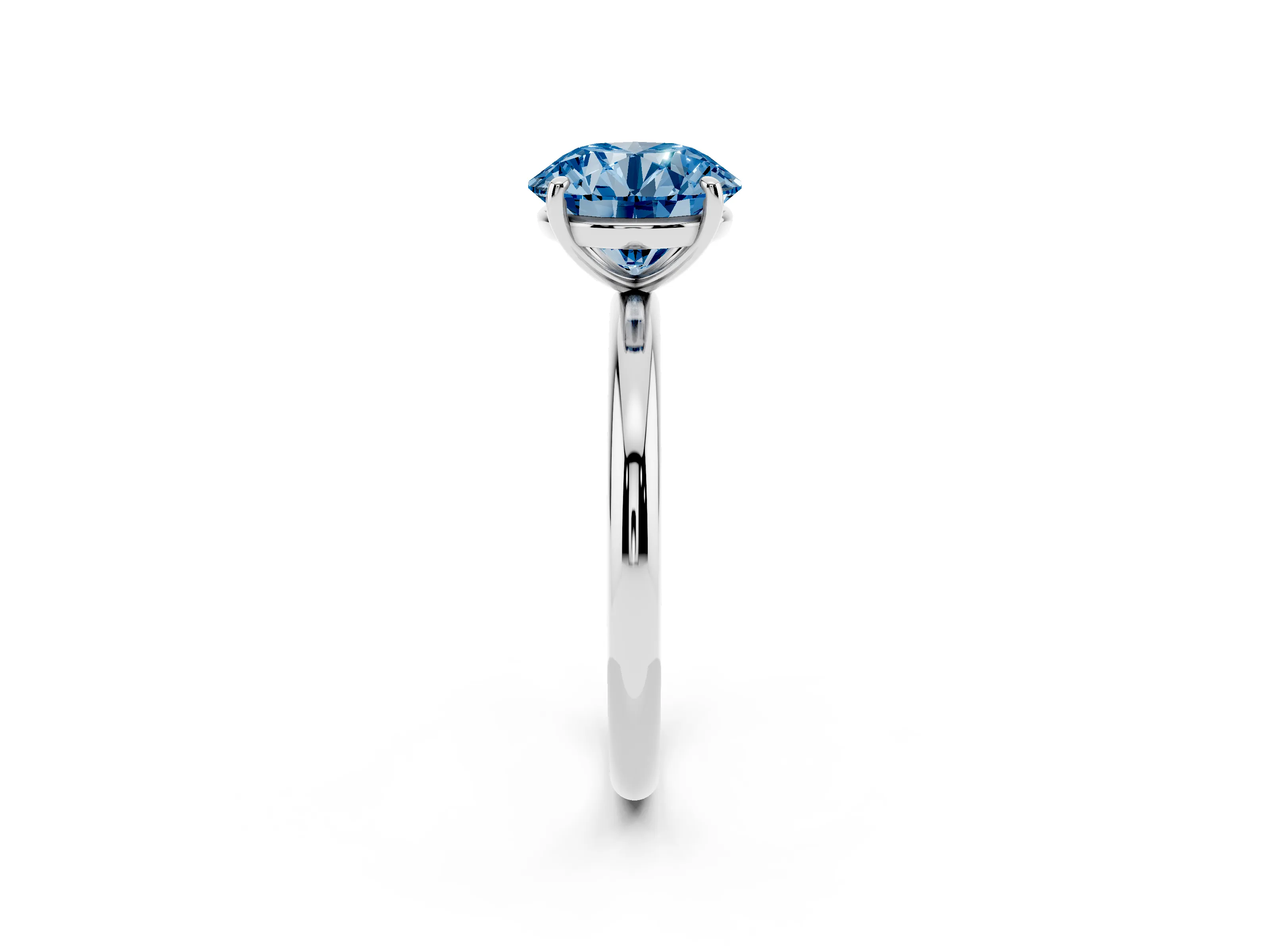 Fancy Blue Round Cut Diamond Solitaire Ring Set in Silver with Prong Setting on a Polished Plain Band