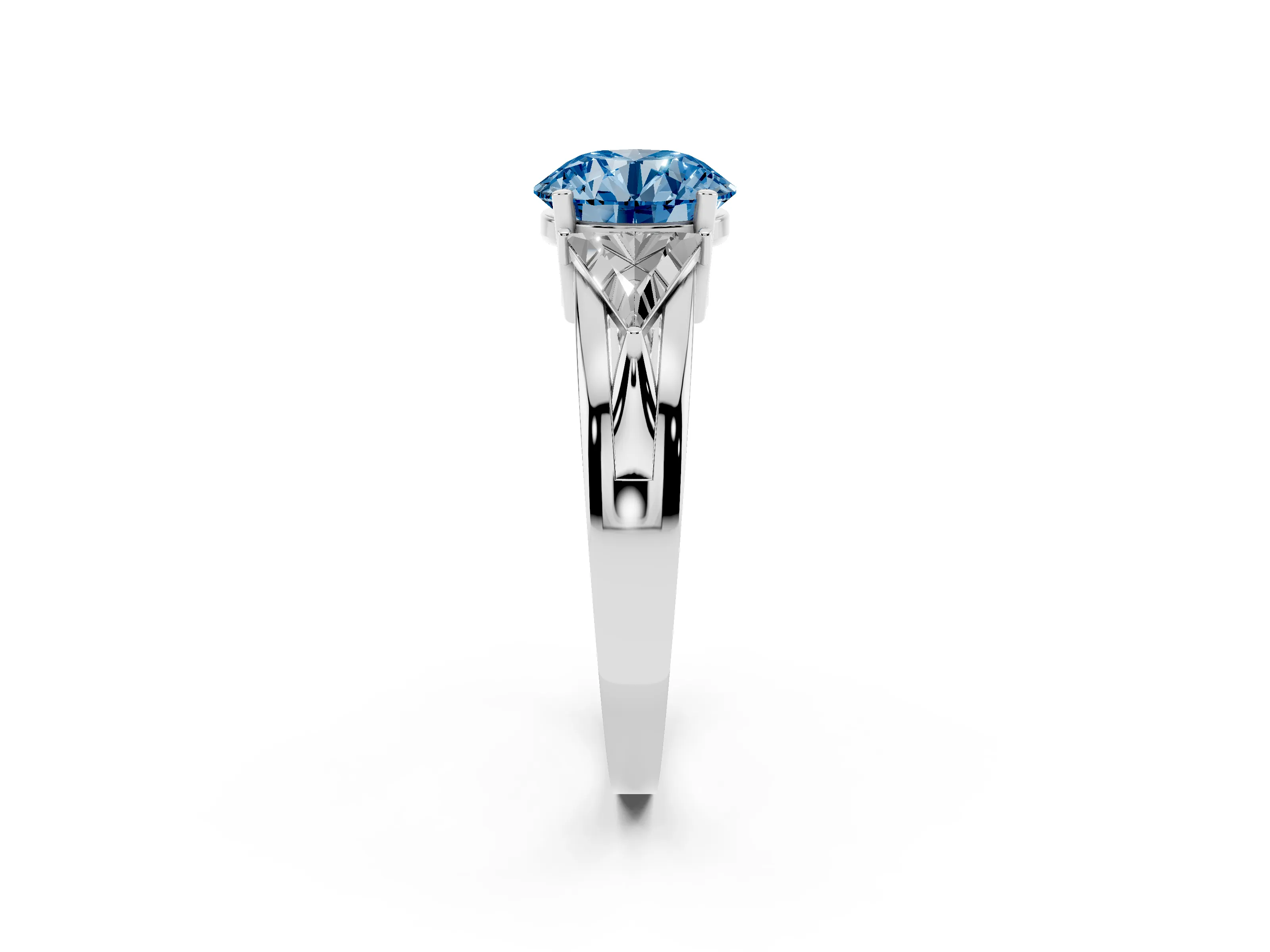 Fancy Blue Round Cut Diamond Three-Stone Ring Set in Silver with Trillion Side Stones and Split Shank