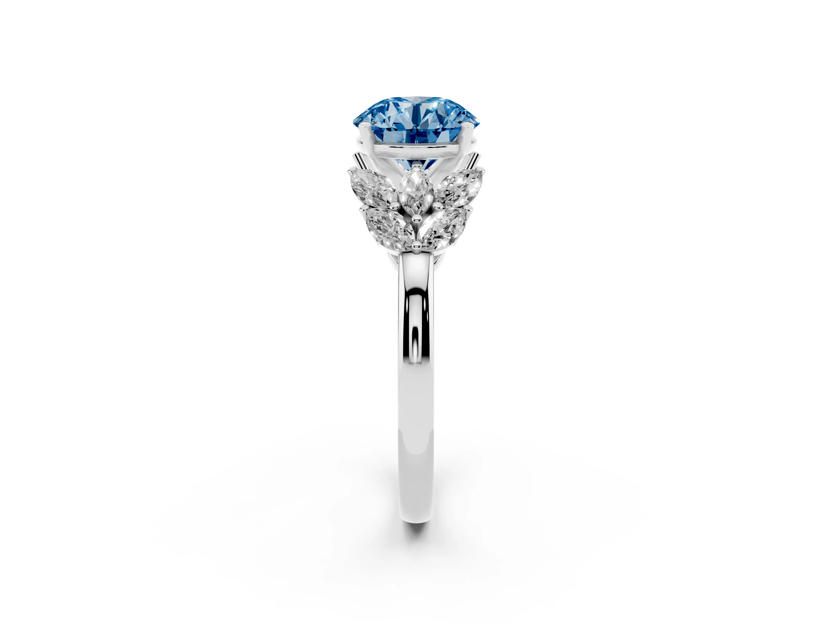 Fancy Blue Round Cut Diamond Cluster Leaf Design Ring Set in Silver with Prong Setting