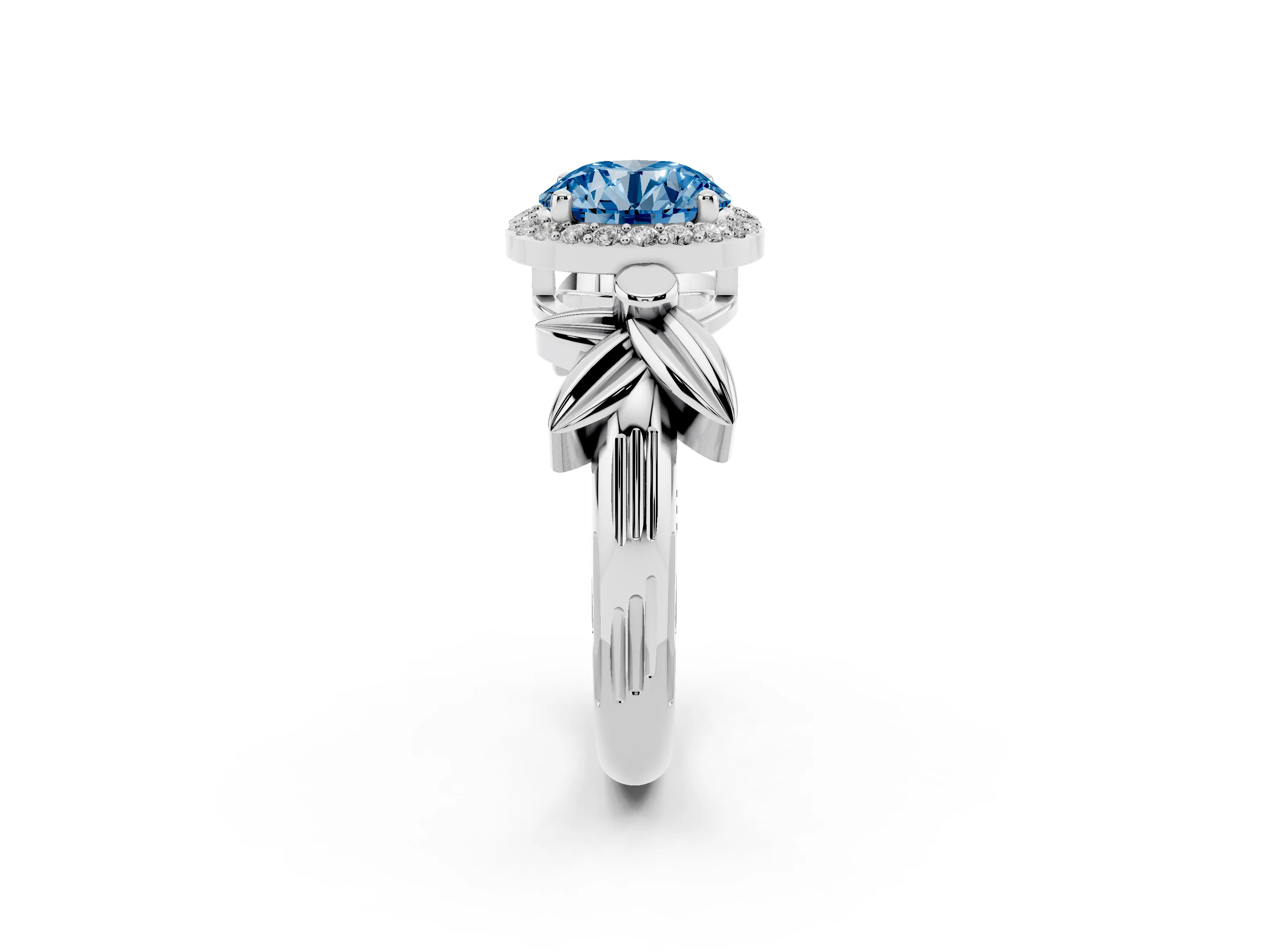 Fancy Blue Round Cut Diamond Halo Floral Band Ring Set in Silver with Prong Setting