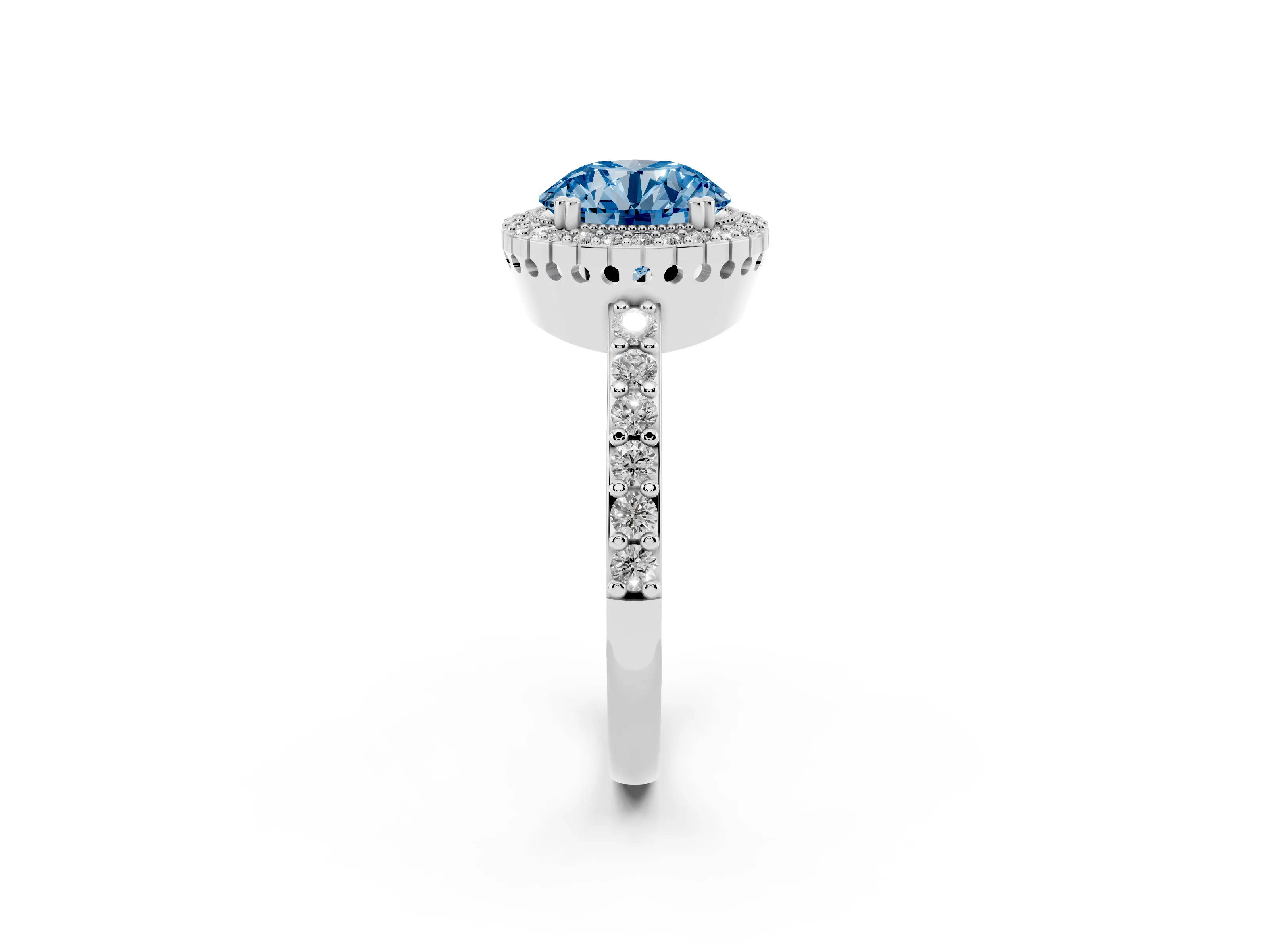 Fancy Blue Round Cut Diamond Halo Engagement Ring Set in Silver with Milgrain Detail and Pavé Band