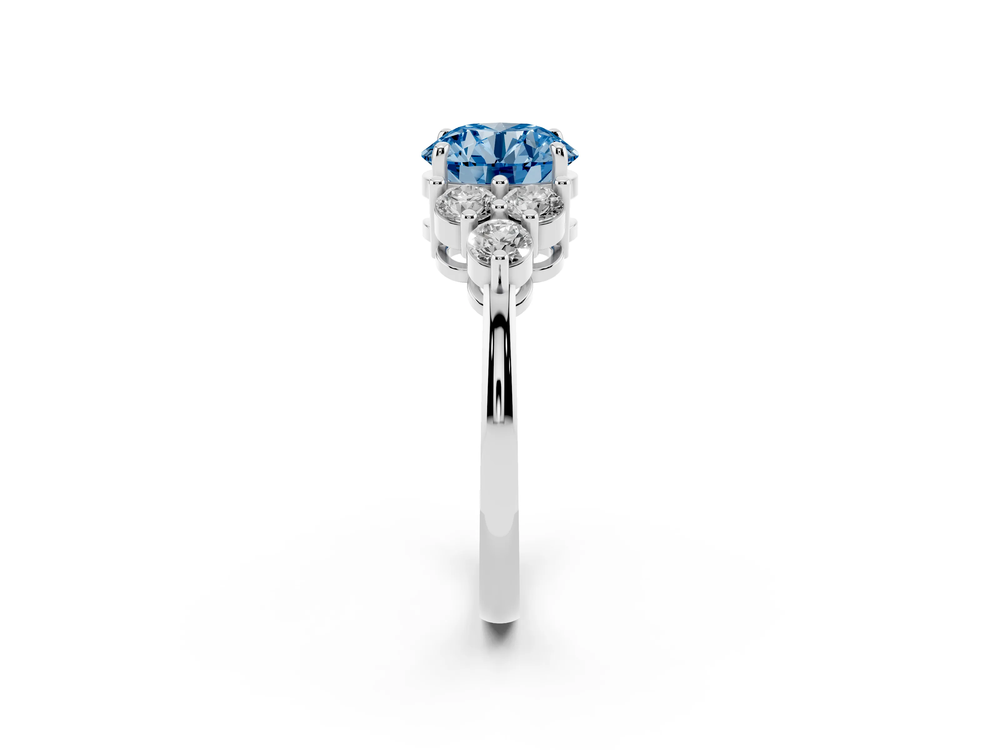 Fancy Blue Round Cut Diamond Solitaire Ring Set in Silver with Cluster Accents on Each Side
