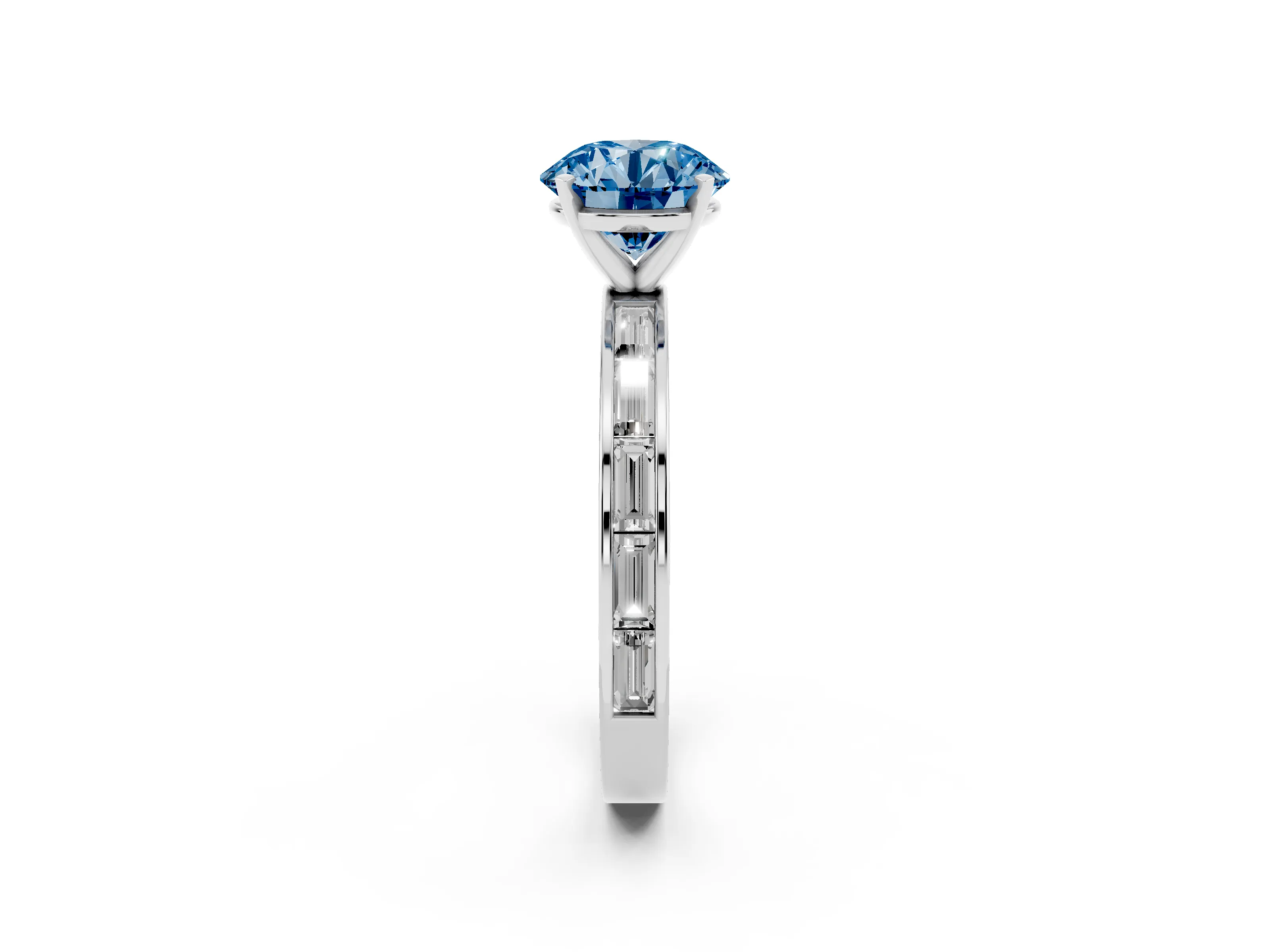 Fancy Blue Round Cut Diamond Solitaire Ring Set in Platinum with Channel-Set Baguette Band and Prong Setting