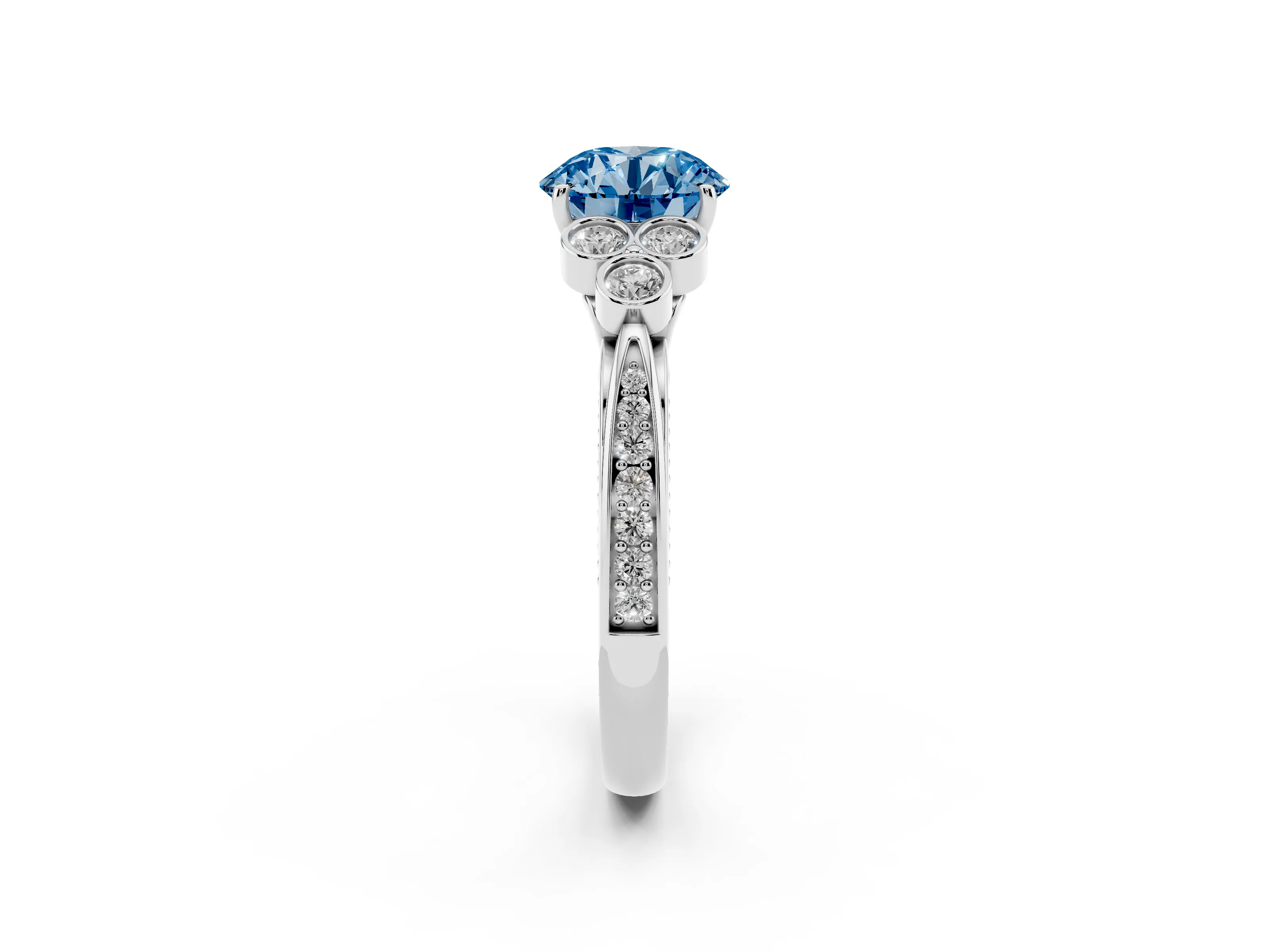 Fancy Blue Round Cut Diamond Engagement Ring Set in Platinum with Bezel Set Round Side Stones and Prong Setting
