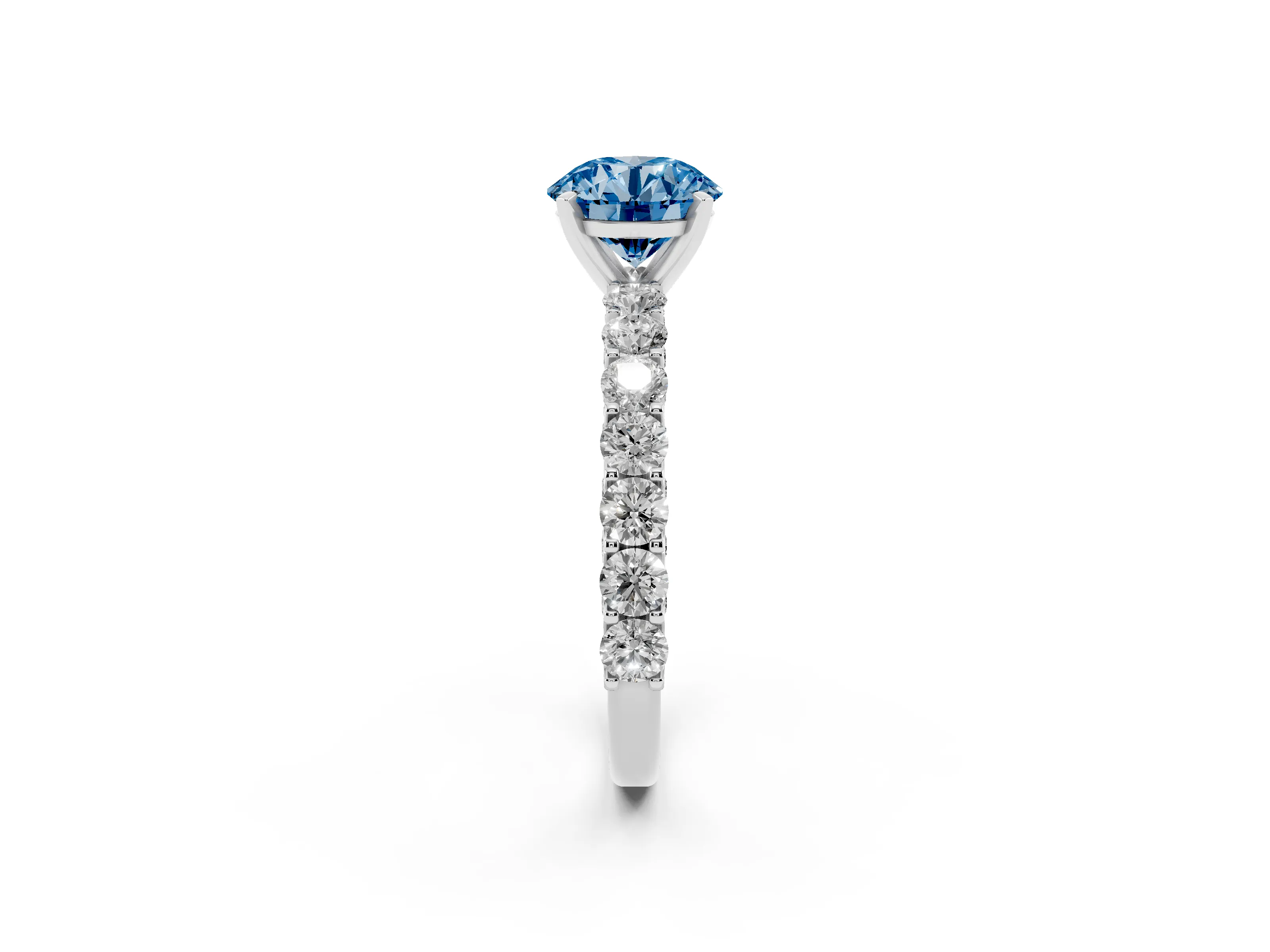 Fancy Blue Round Cut Diamond Solitaire Ring Set in Platinum with Shared Prong Pavé Band