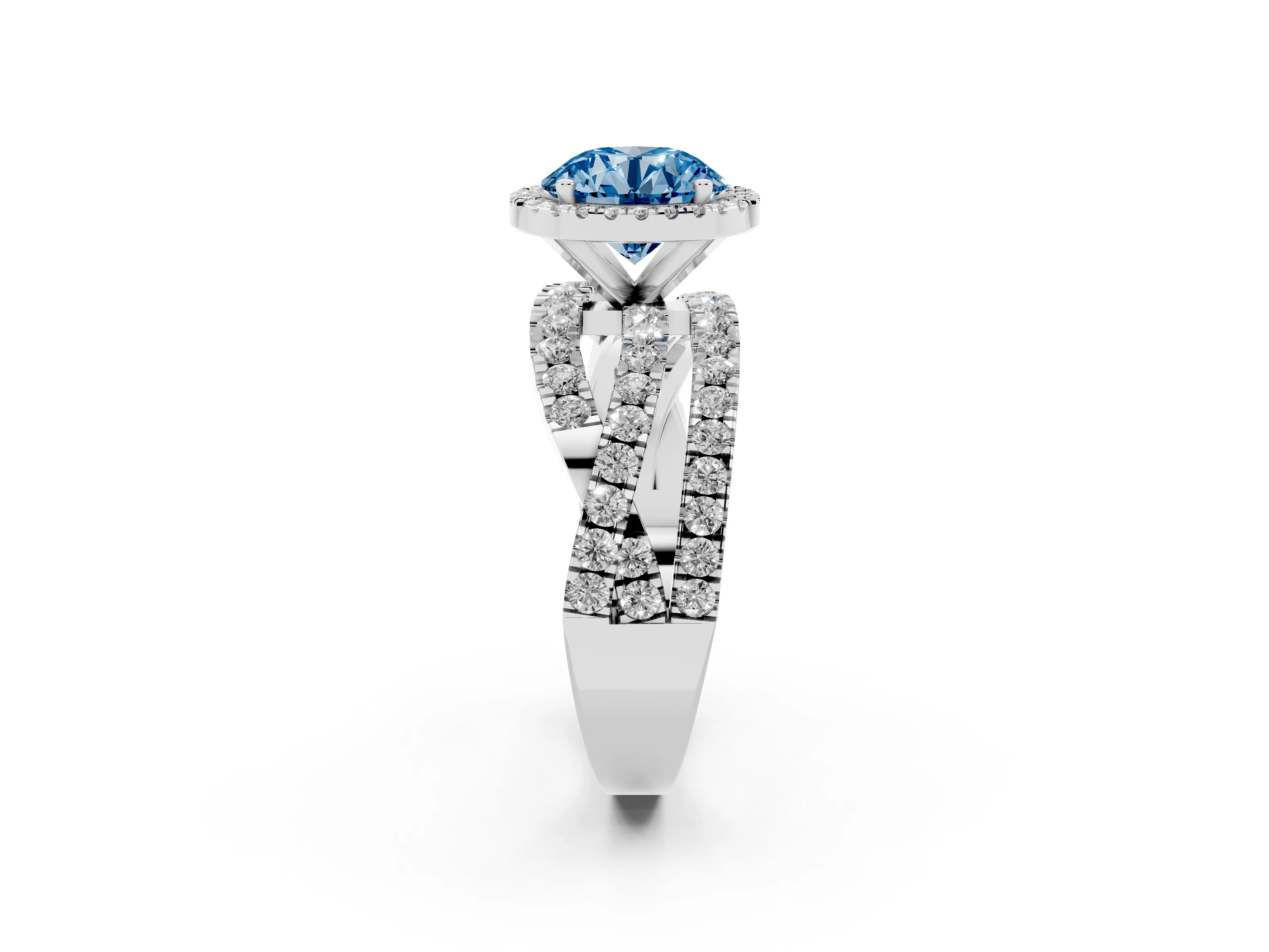 Fancy Blue Round Cut Diamond Halo Ring Set in Silver with Round Crossover Split Shank and Prong Setting