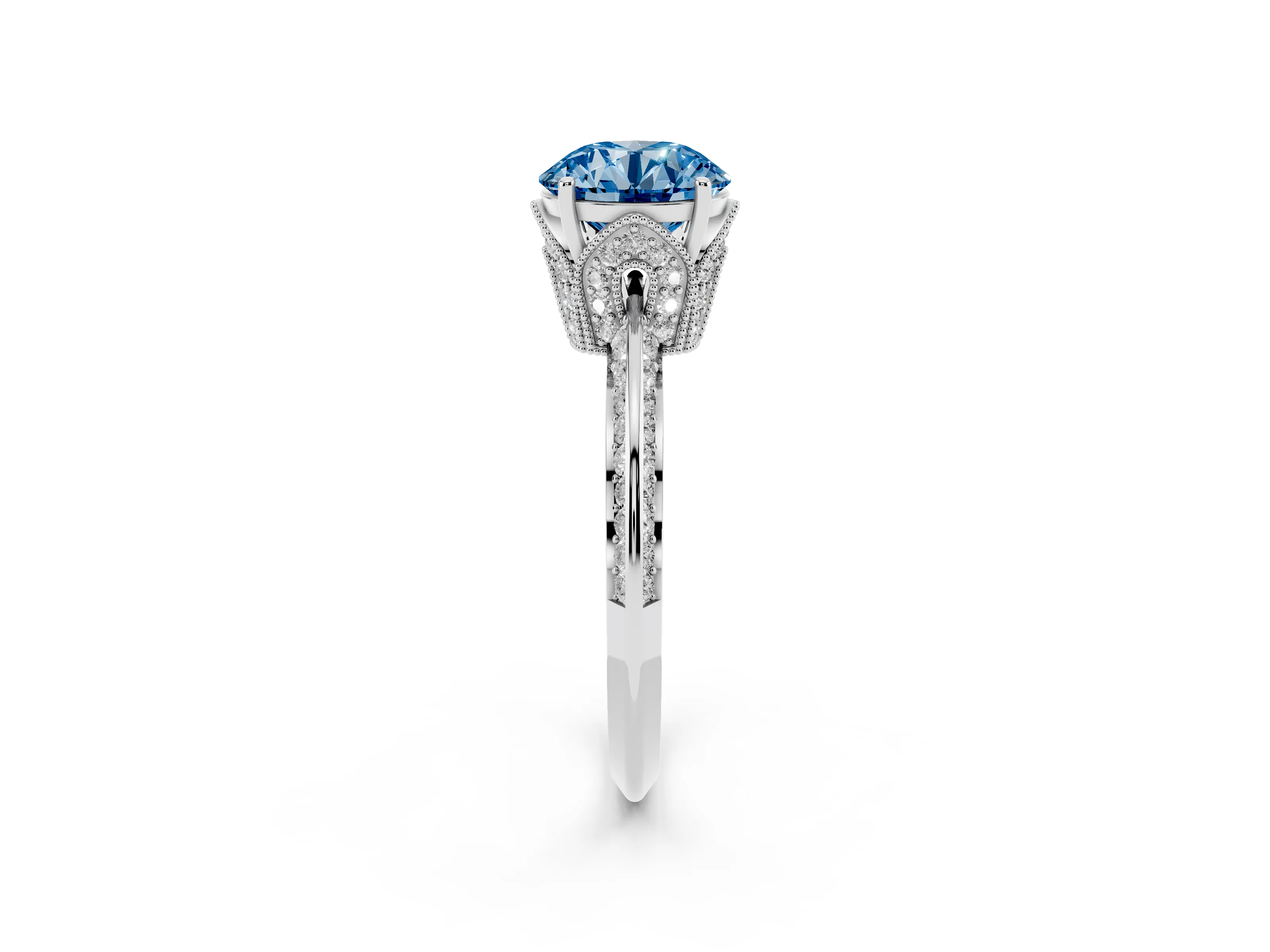 Fancy Blue Round Cut Diamond Solitaire Engagement Ring Set in Silver with Pavé Split Shank and Prong Setting