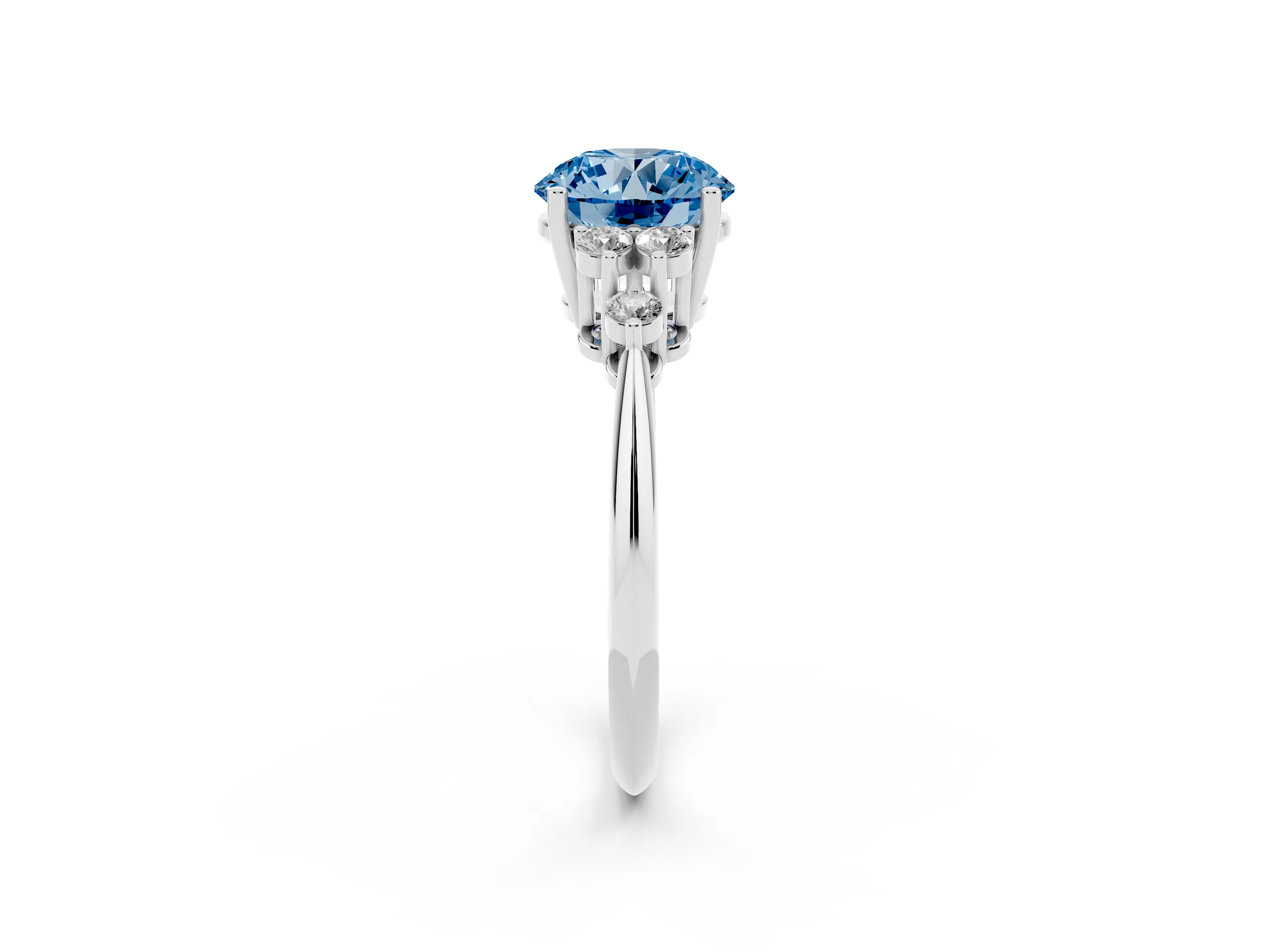 Fancy Blue Round Cut Diamond Cluster Ring Set in Silver with Plain Band and Prong Setting