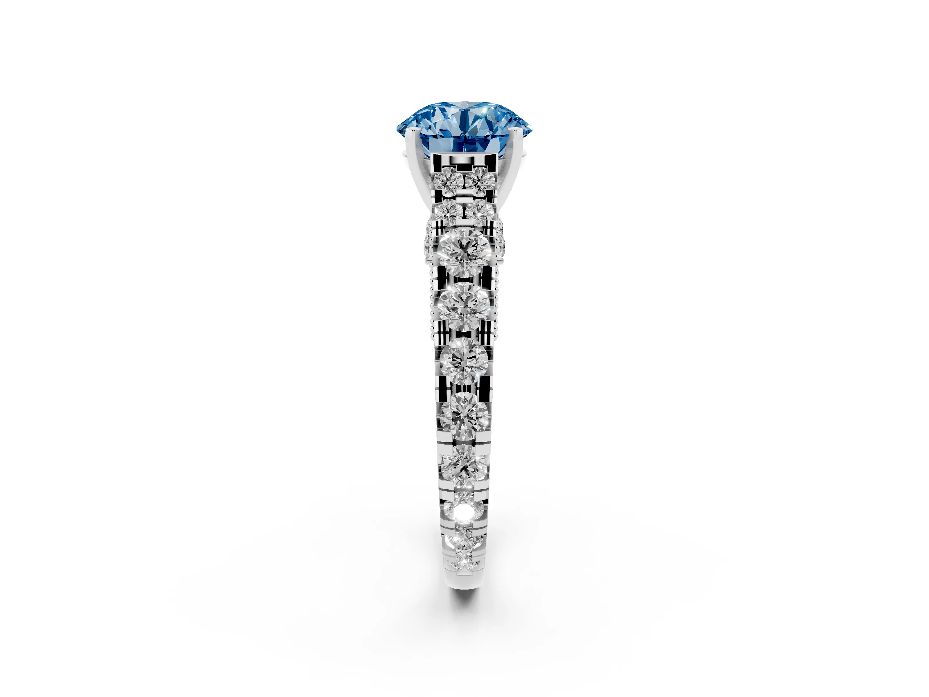 Fancy Blue Round Cut Diamond Classic Solitaire Ring Set in Platinum with Pavé Band and Prong Setting