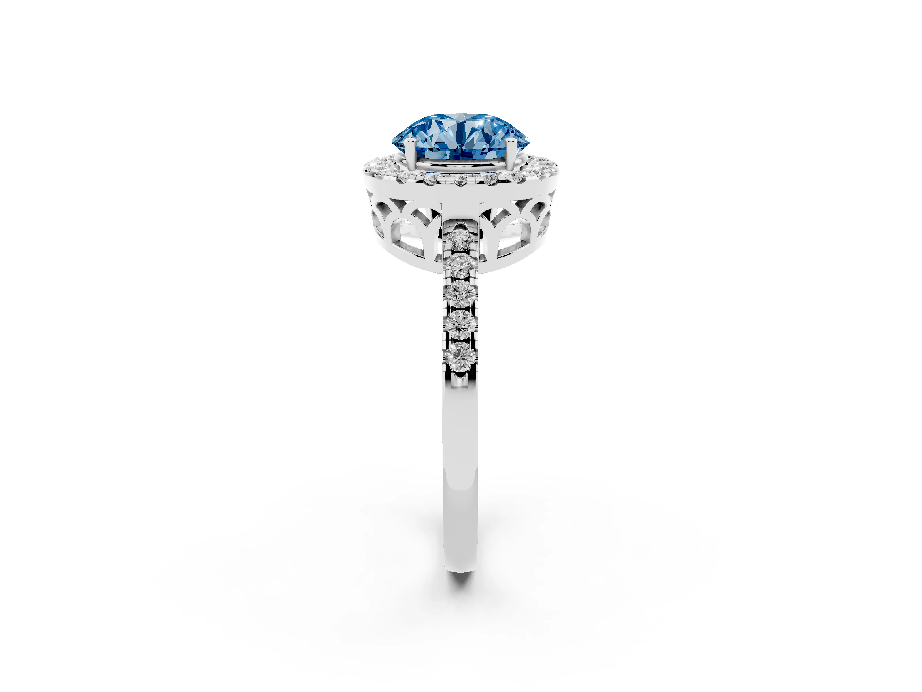 Fancy Blue Round Cut Diamond Pavé Band Halo Engagement Ring Set in White gold with Prong Setting