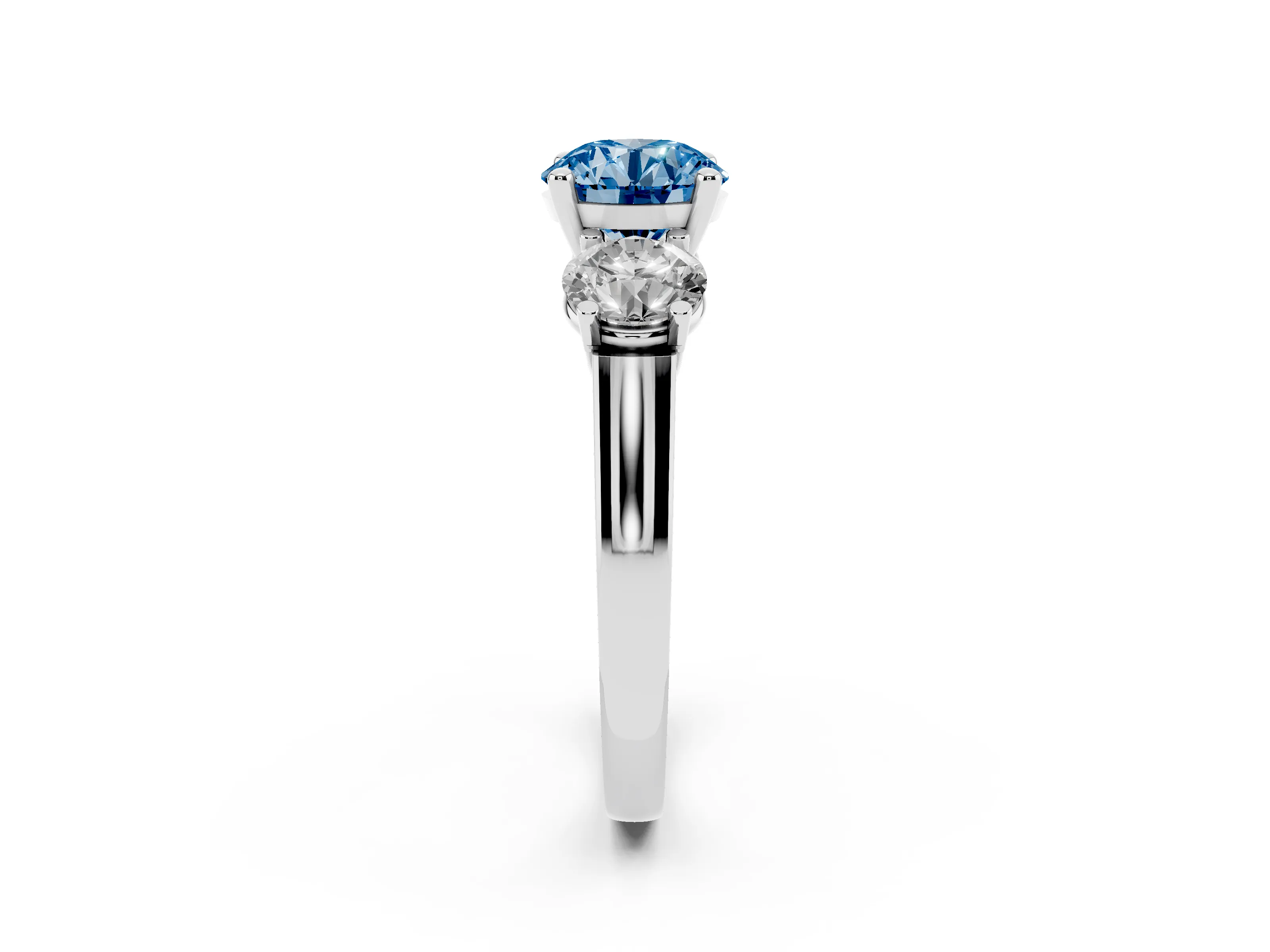Fancy Blue Round Cut Diamond Three-Stone Trellis Ring Set in Silver with Comfort Fit Band