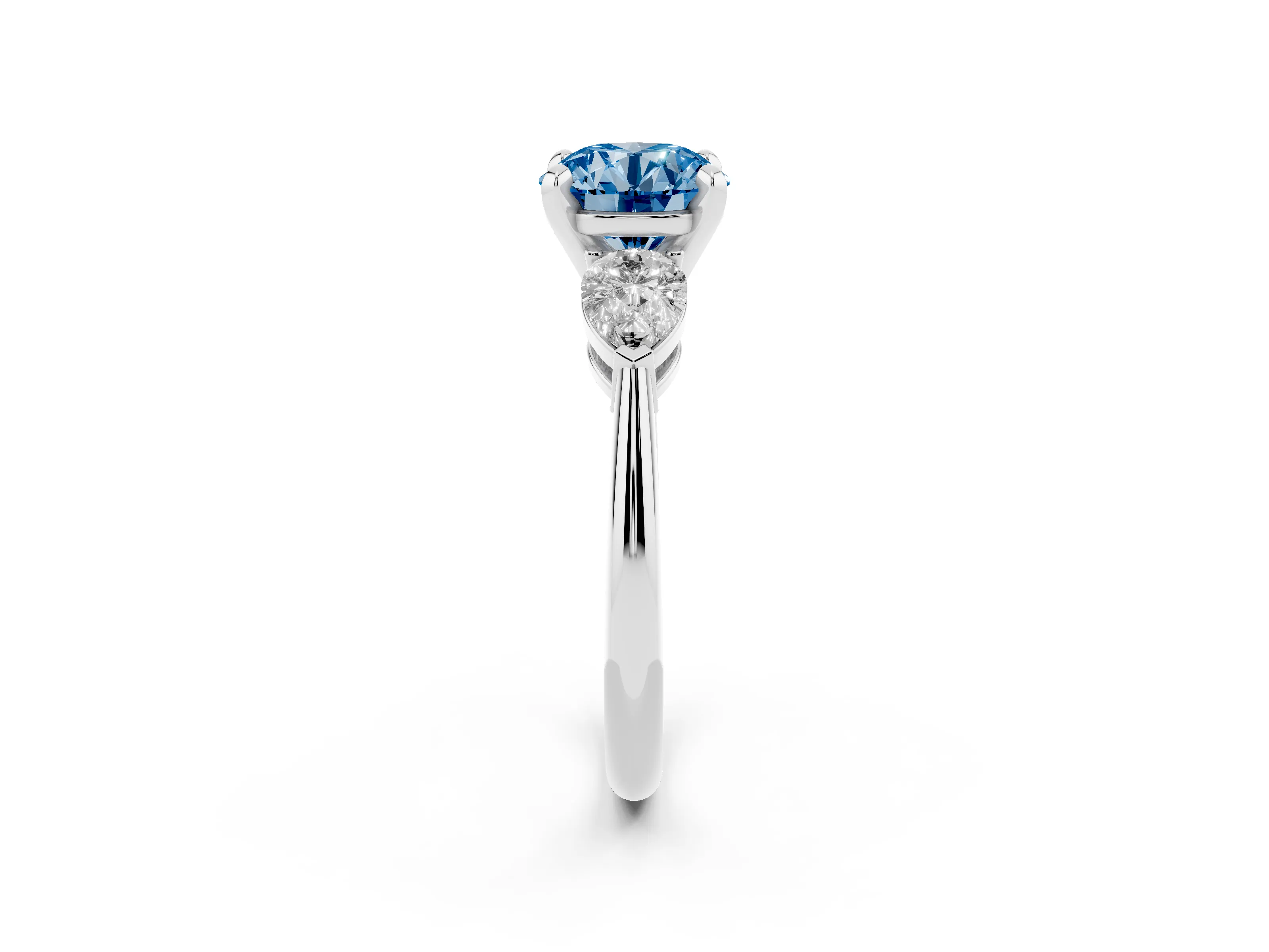Fancy Blue Three-Stone Round Cut Diamond Ring Set in Silver with Pear Side Stones and Prong Setting