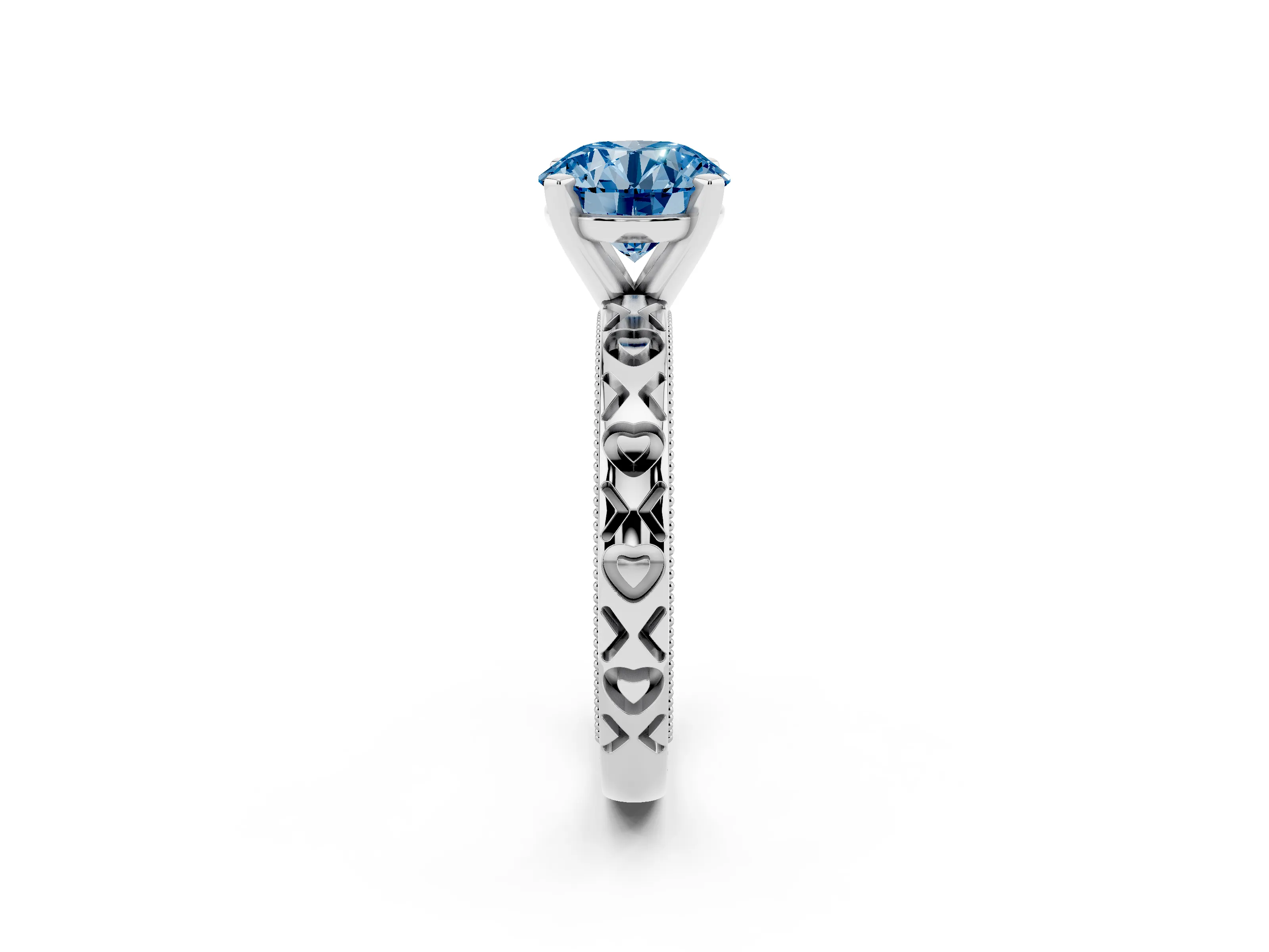 Fancy Blue Round Cut Diamond Solitaire Engagement Ring Set in Platinum with XO Engraved Band and Prong Setting
