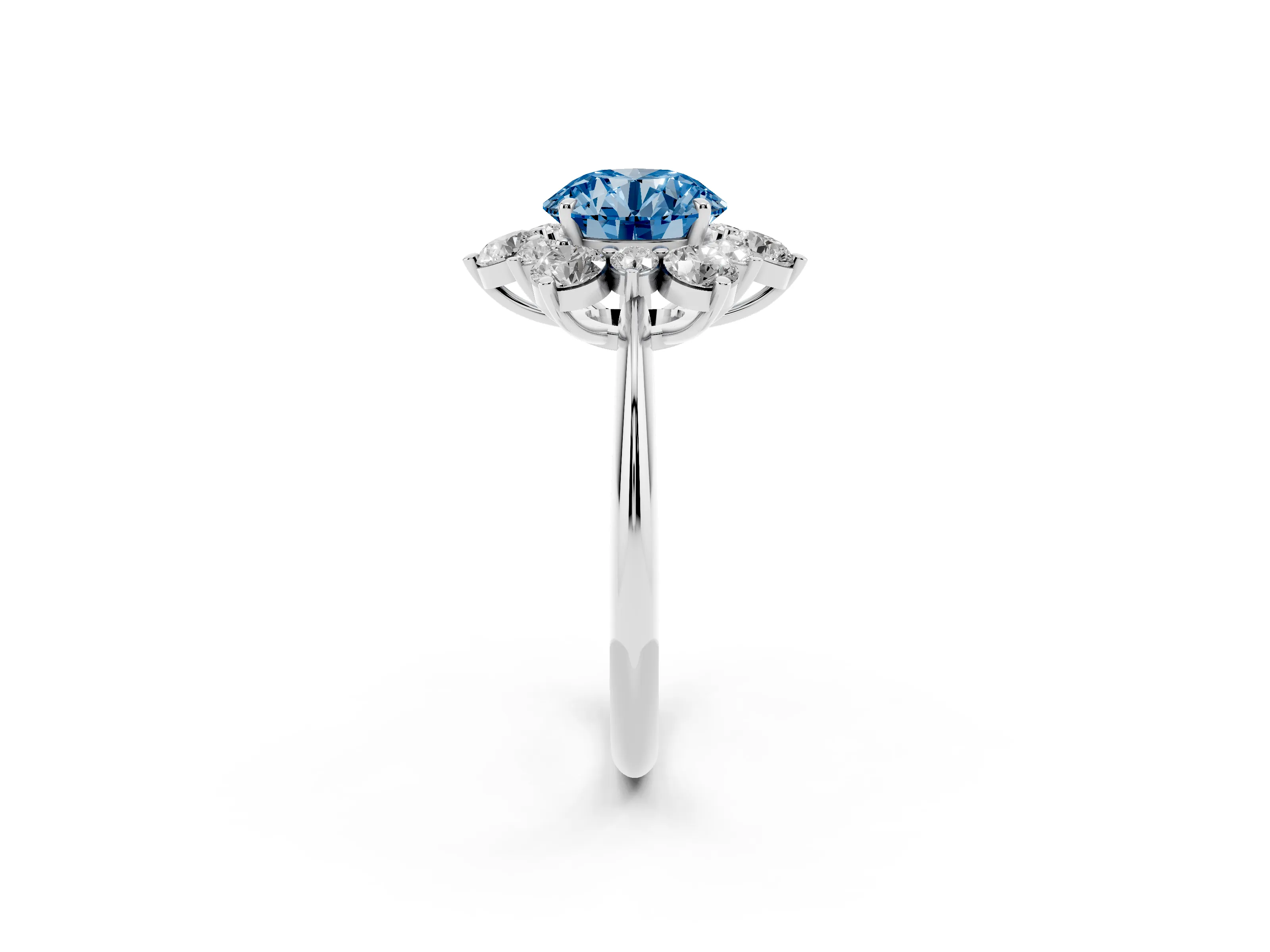 Fancy Blue Round Cut Diamond Cluster Halo Ring Set in Silver with Solitaire Band and Prong Setting