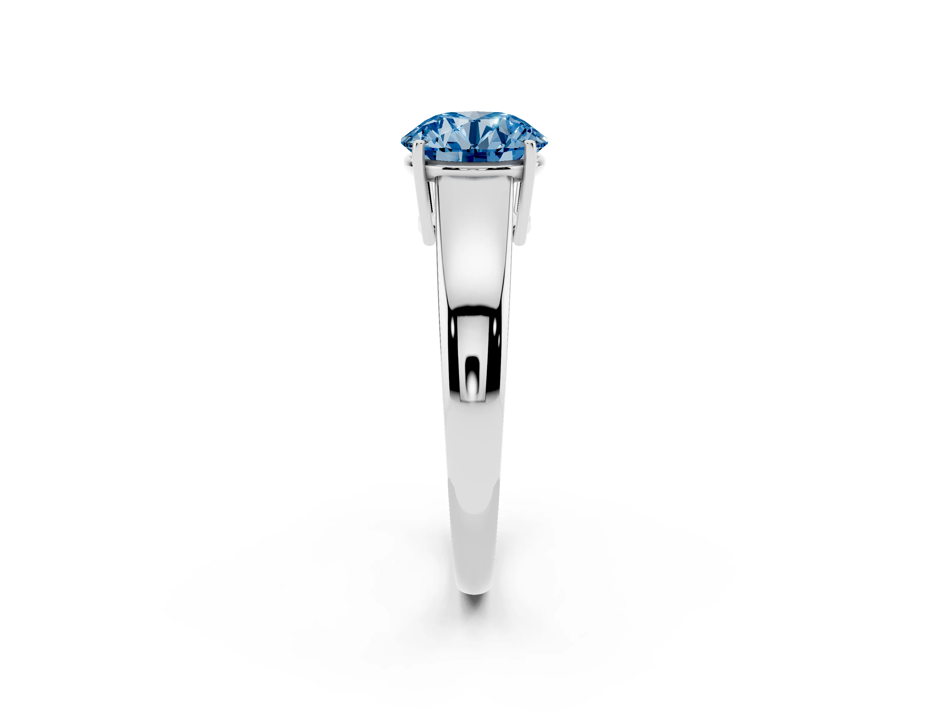 Fancy Blue Round Cut Diamond Solitaire Ring Set in Silver with Tapered Band and Prong Setting
