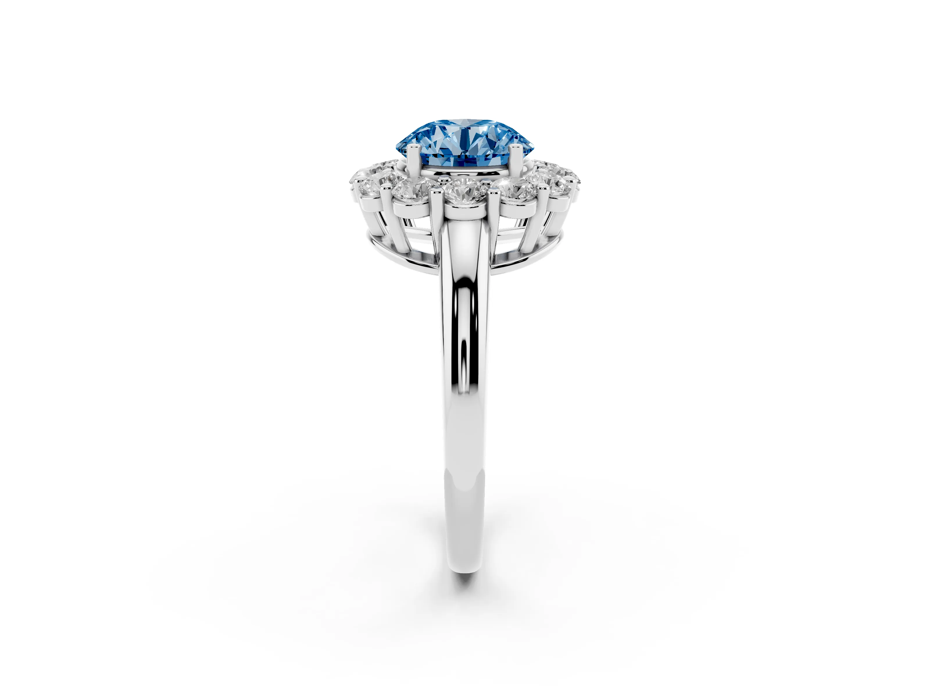 Fancy Blue Round Cut Diamond Halo Cluster Engagement Ring Set in Silver with Polished Band and Prong Setting